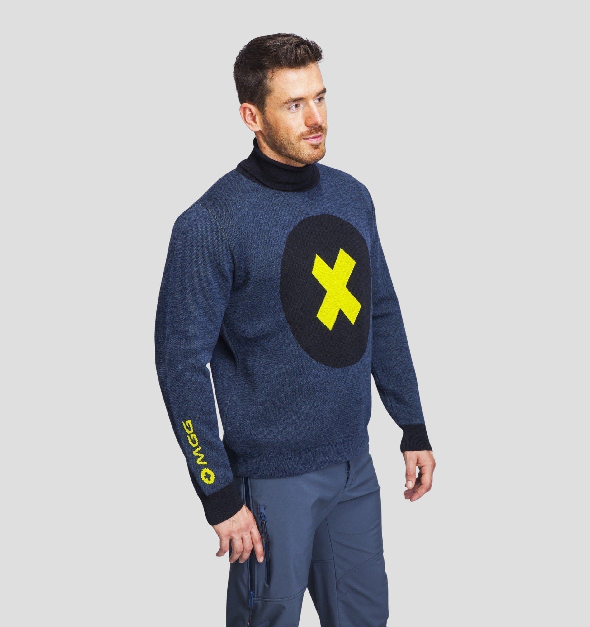 Abstract Merino Sweater - Navy Blue / Lemon Yellow / S