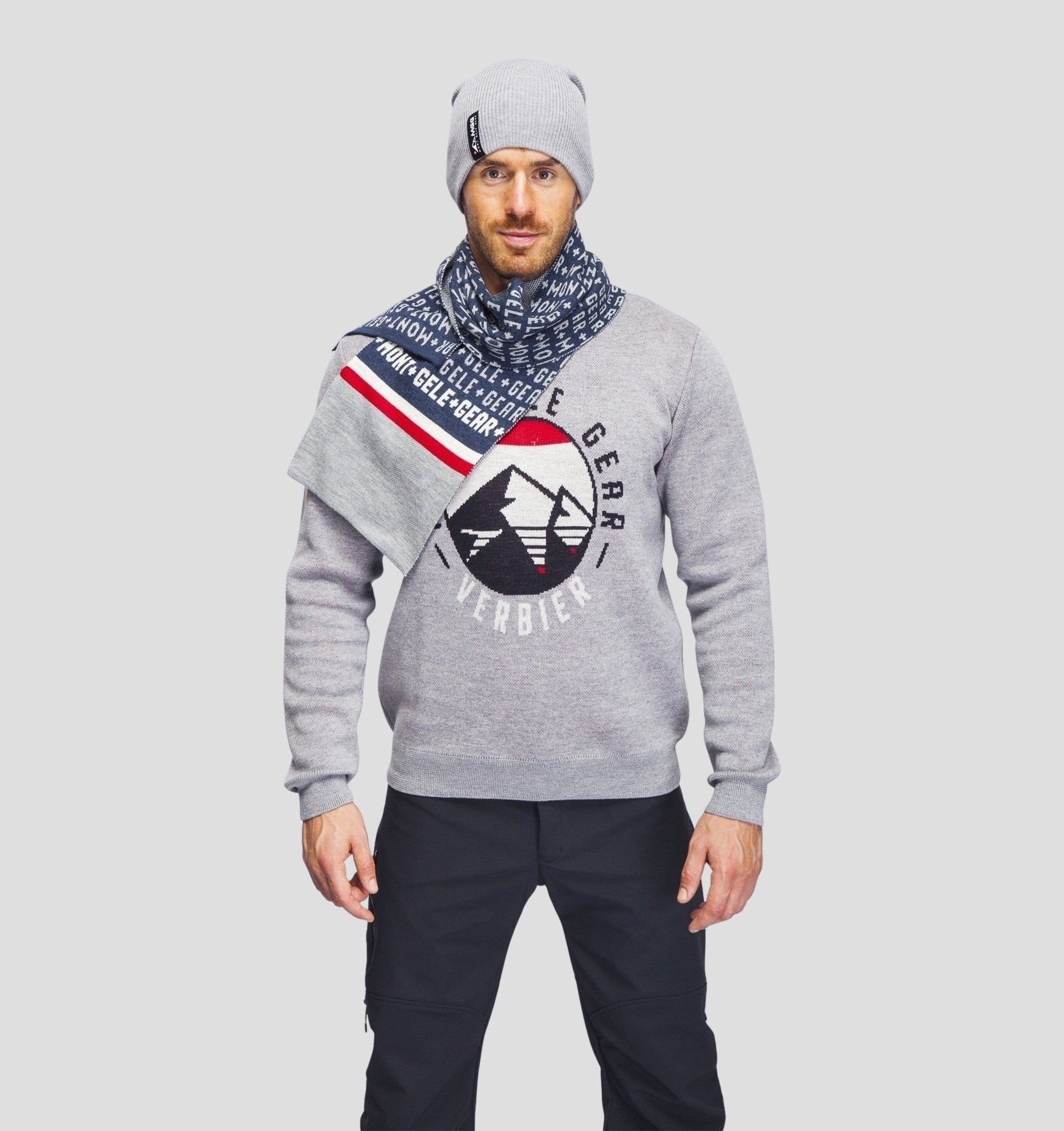 Merino Classic Scarf (160cm x 24cm) - Stone Grey / Fire Red / 160cm x 24cm