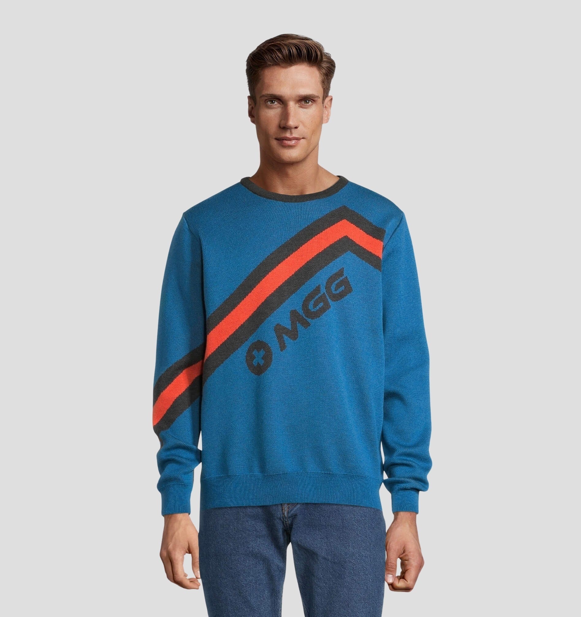 Retro Merino Sweater - Ocean Blue / Fire Red / S