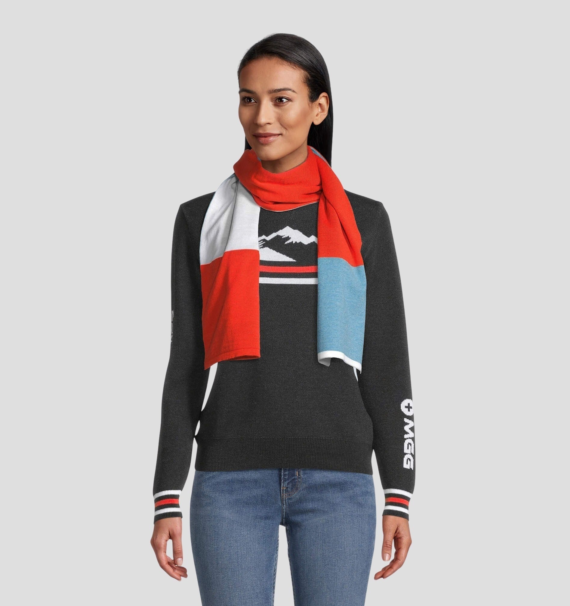 Merino Classic Scarf (160cm x 24cm) - Stone Grey / Fire Red / 160cm x 24cm