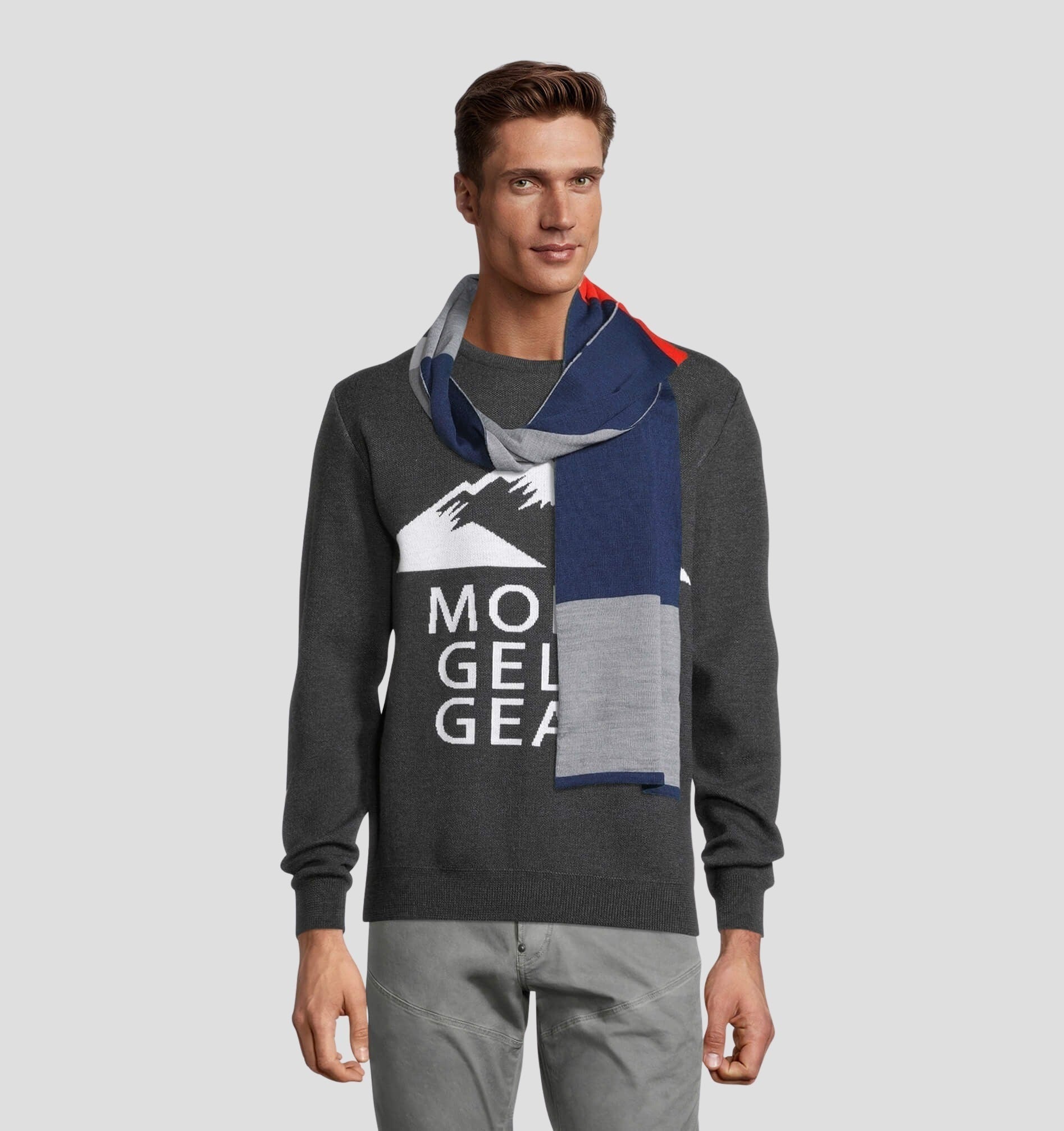 Merino Classic Scarf (160cm x 24cm) - Stone Grey / Fire Red / 160cm x 24cm