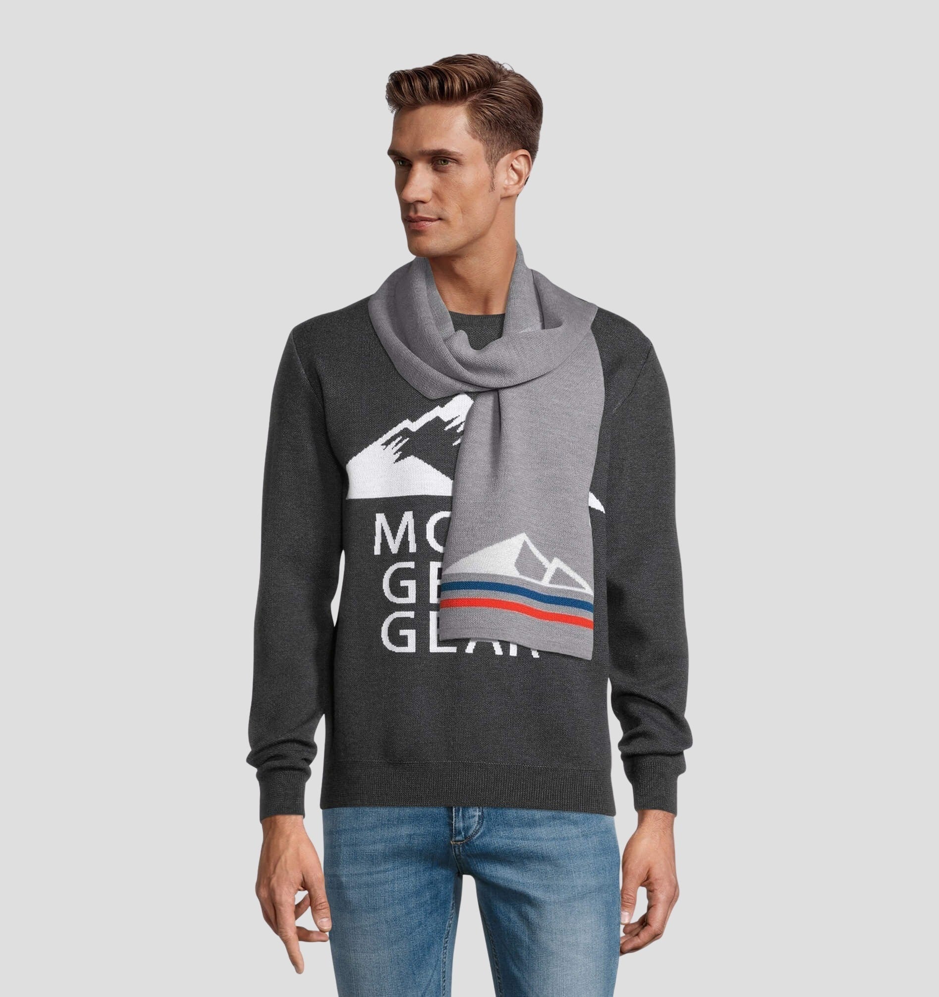 Merino Classic Scarf (160cm x 24cm) - Stone Grey / Fire Red / 160cm x 24cm