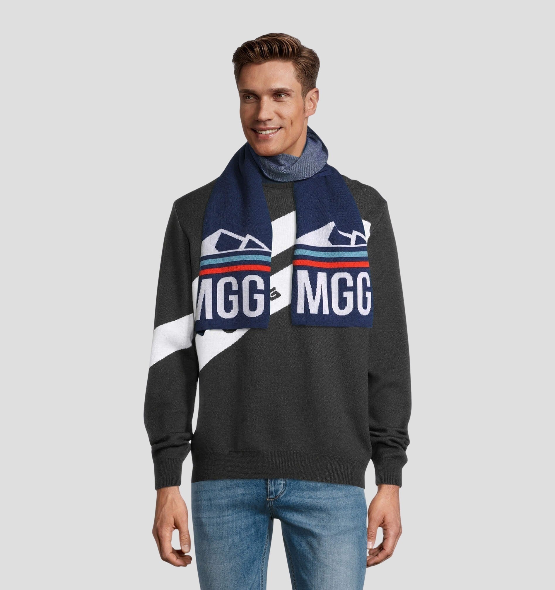 Merino Classic Scarf (160cm x 24cm) - Stone Grey / Fire Red / 160cm x 24cm