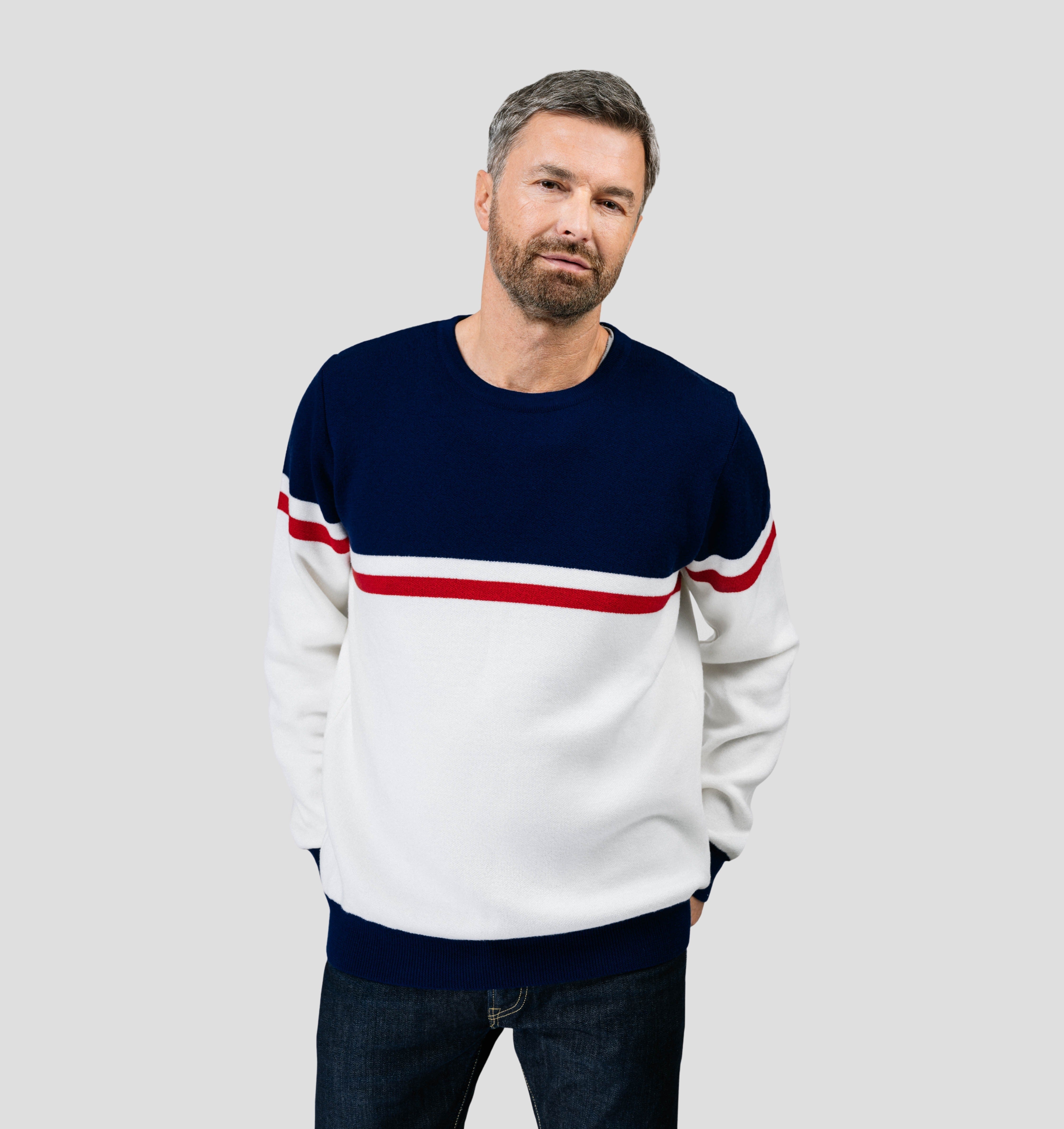 Retro Merino Sweater - Snow White / Navy Blue / S