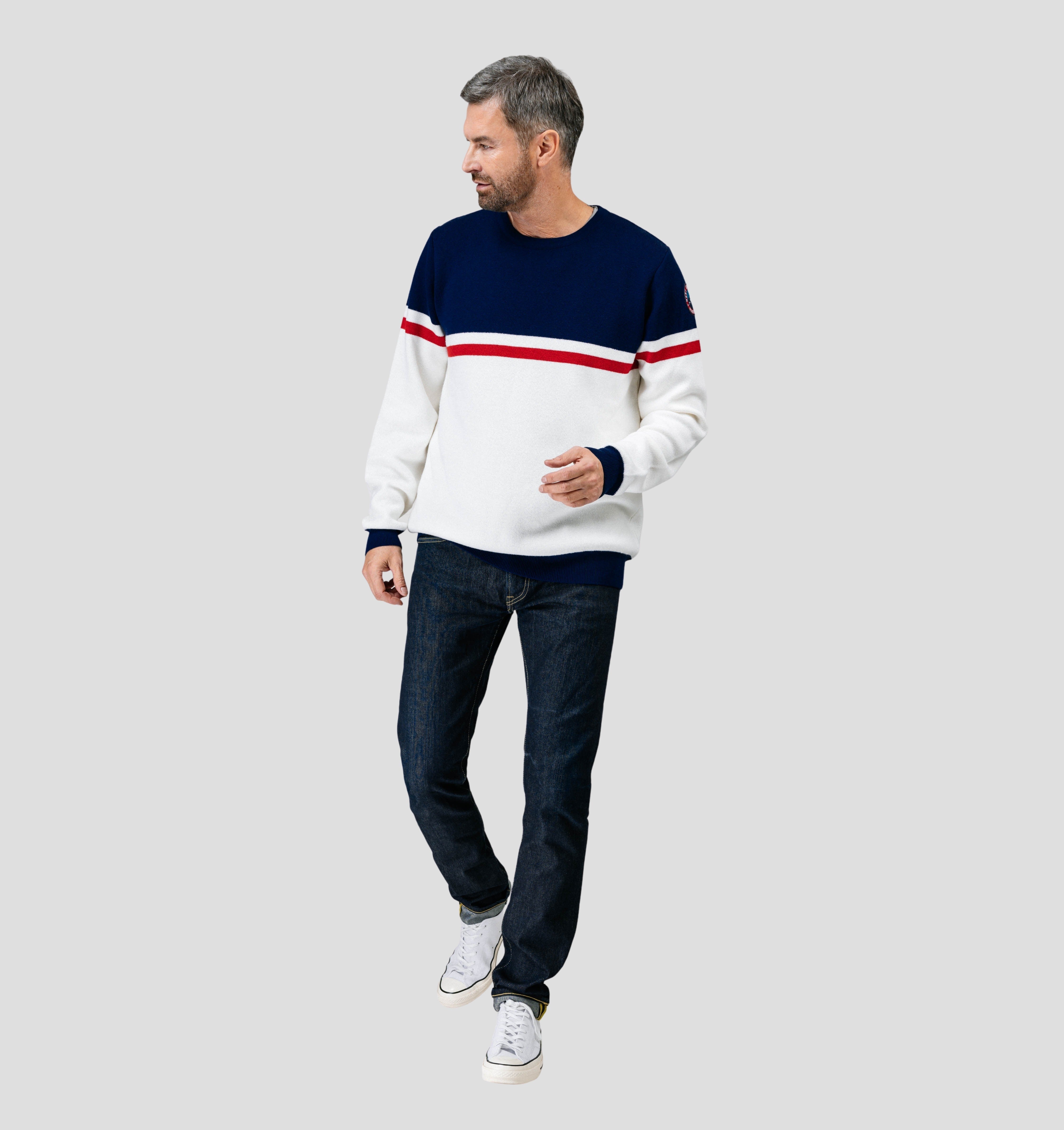Retro Merino Sweater - Snow White / Navy Blue / S
