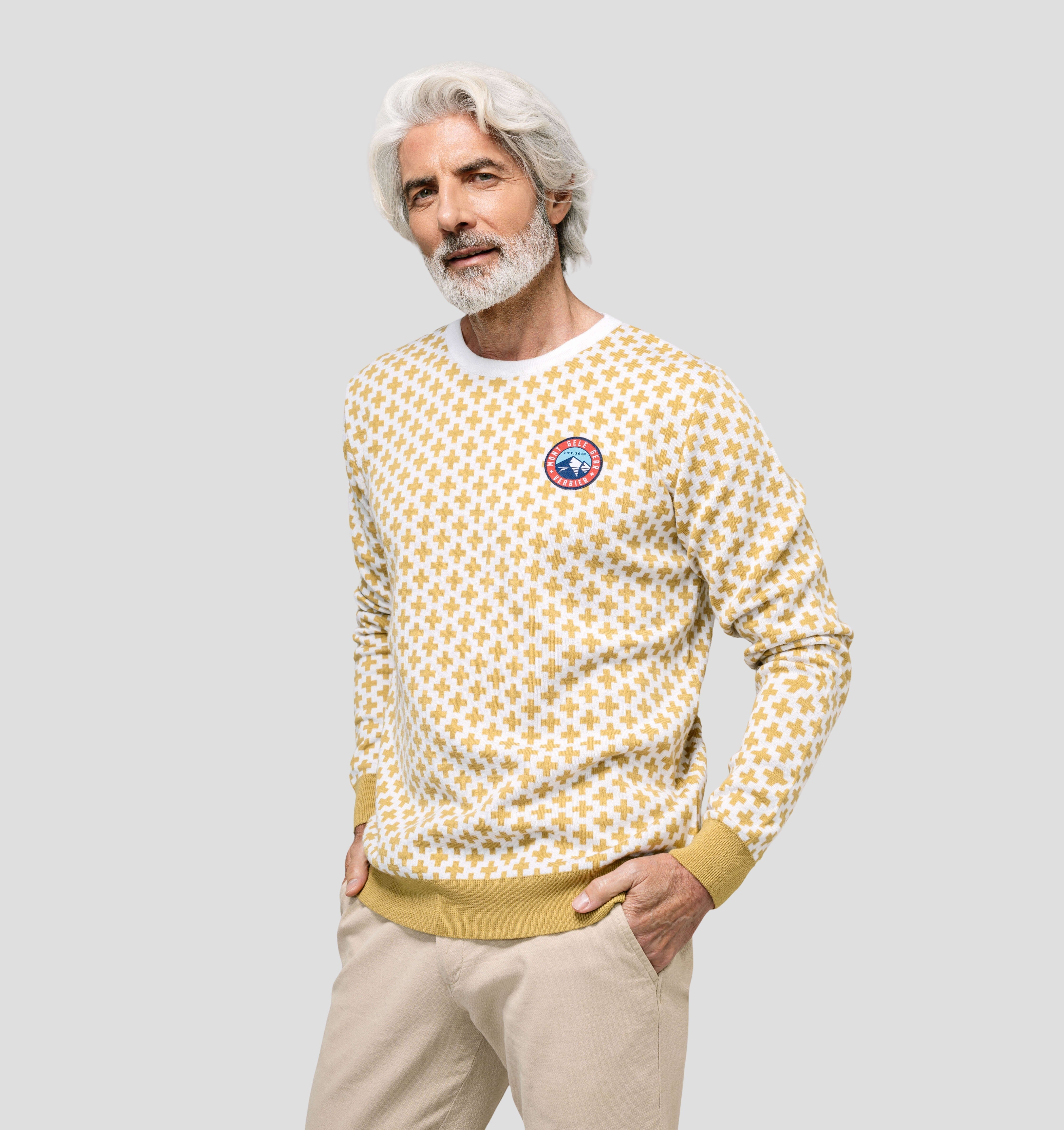 Swiss Cross Merino Sweater - Mustard Yellow / Cream White / S