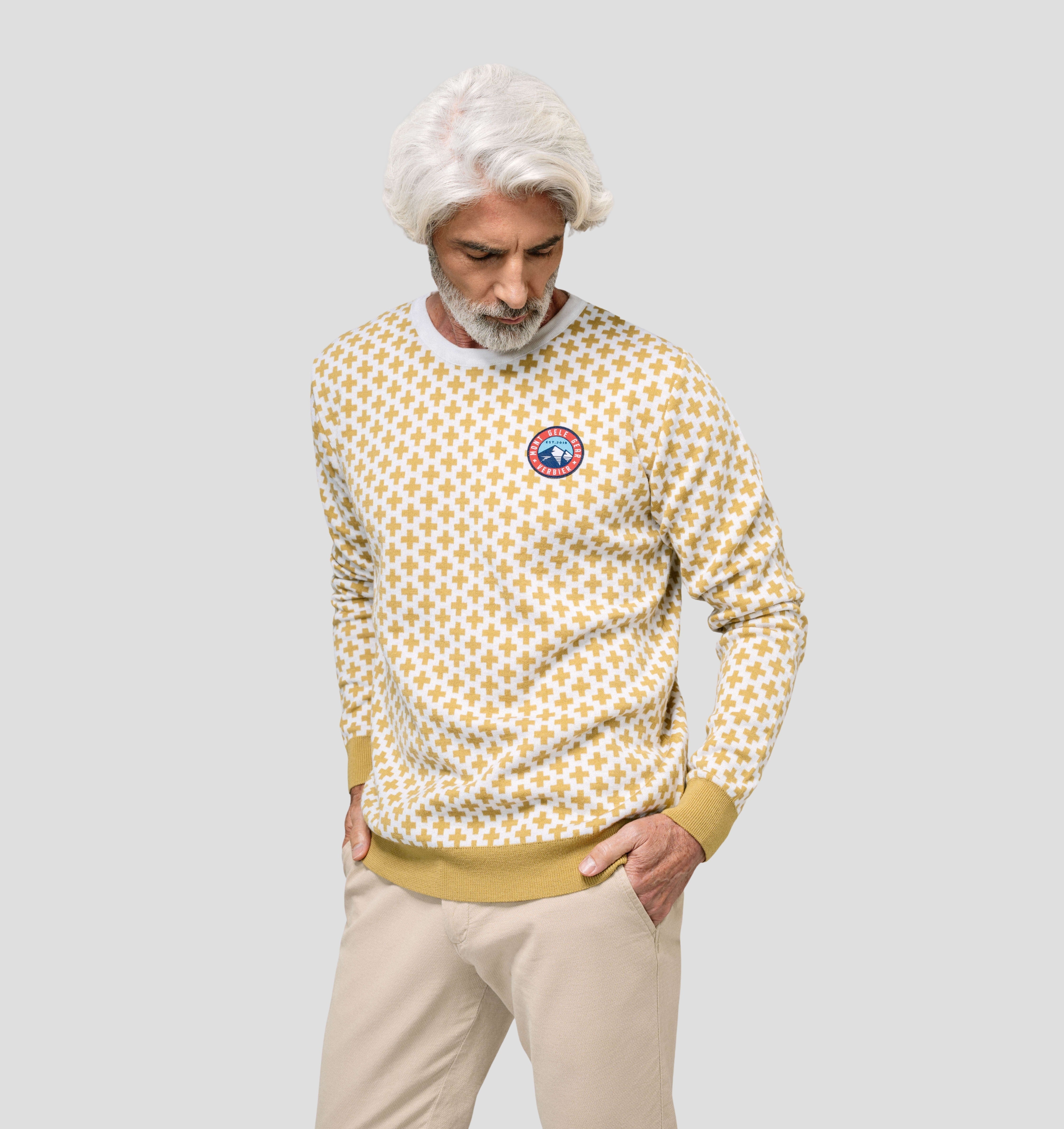 Swiss Cross Merino Sweater - Mustard Yellow / Cream White / S