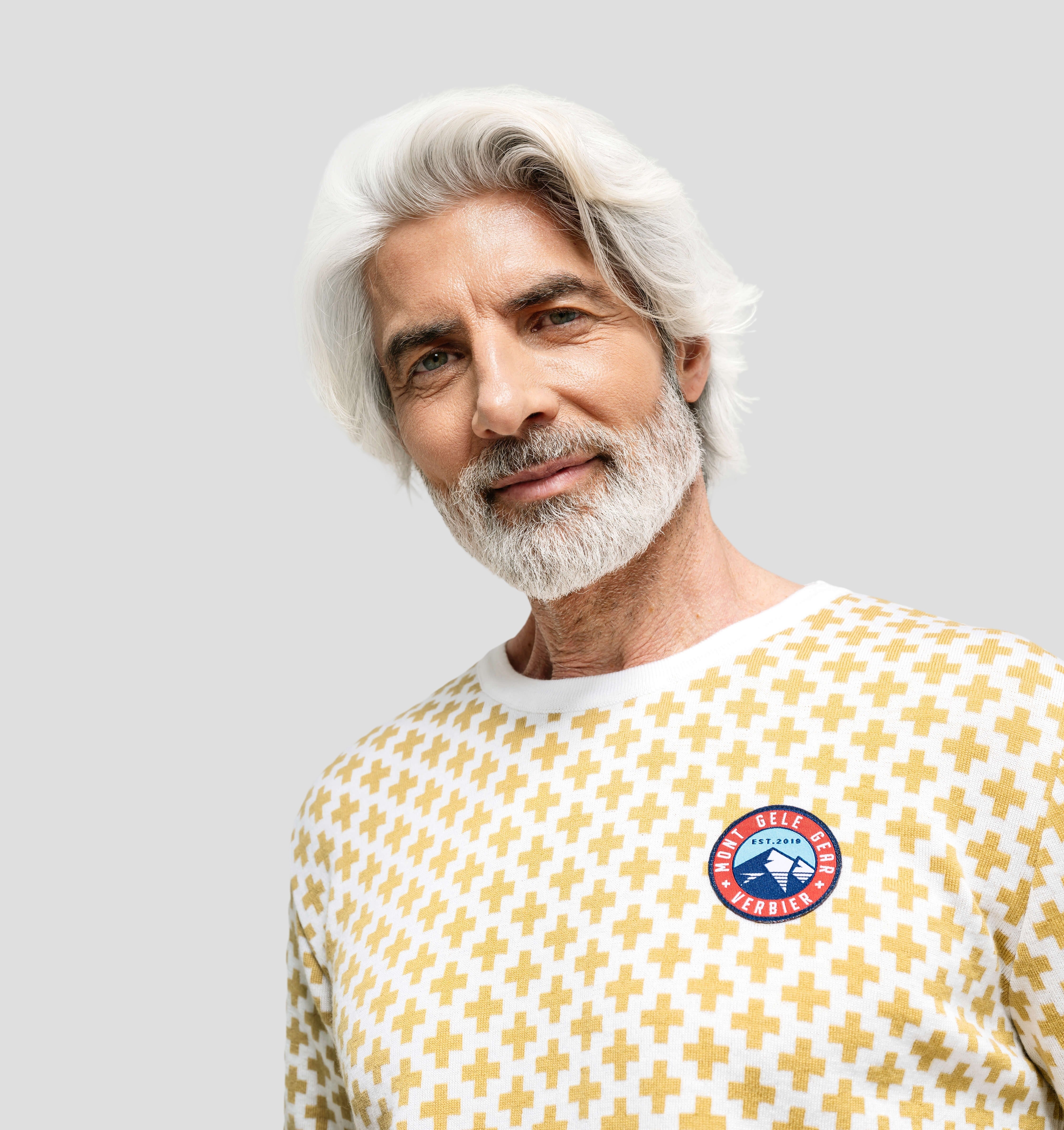 Swiss Cross Merino Sweater - Mustard Yellow / Cream White / S