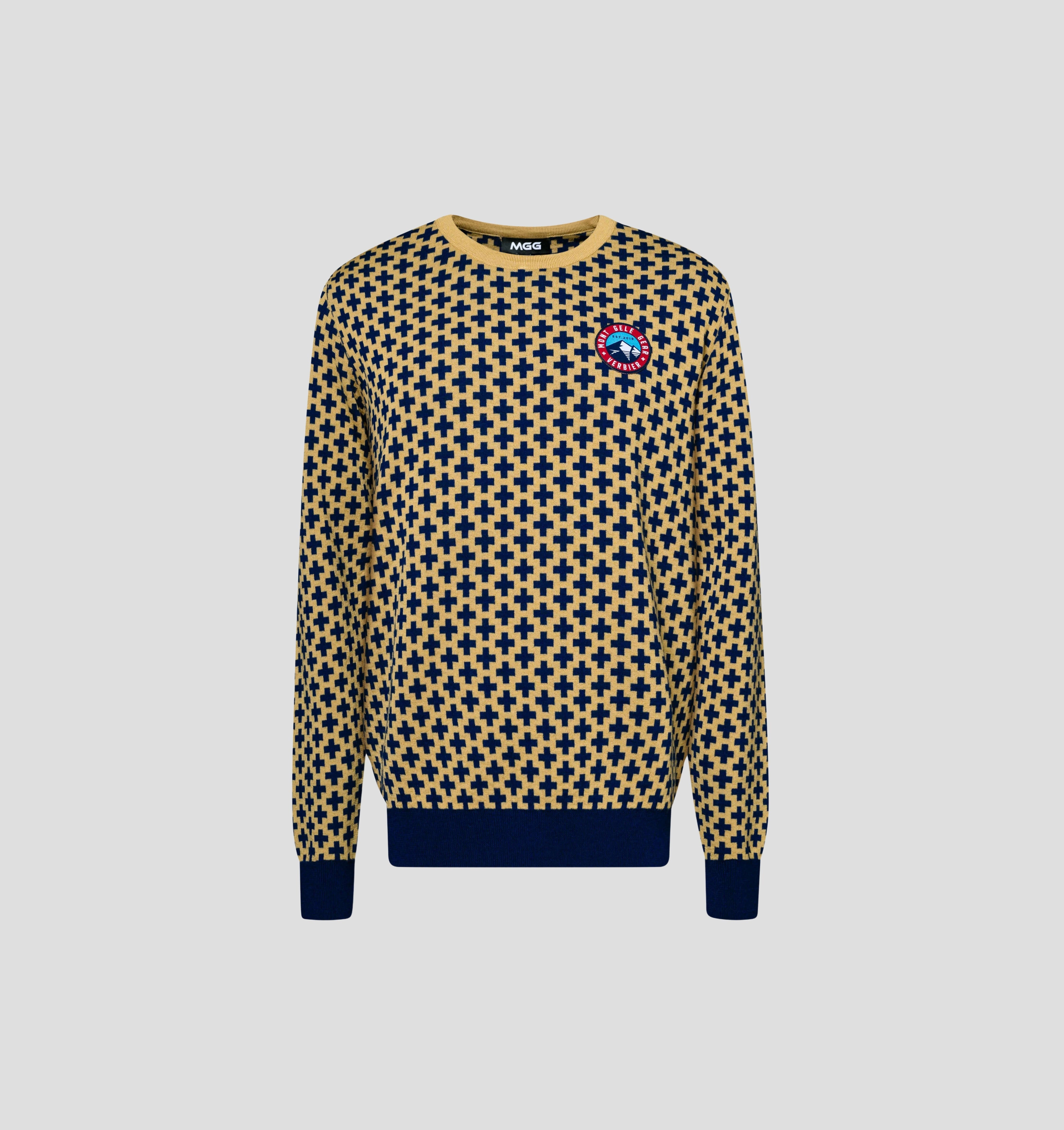 Swiss Cross Merino Sweater - Navy Blue / Mustard Yellow / S