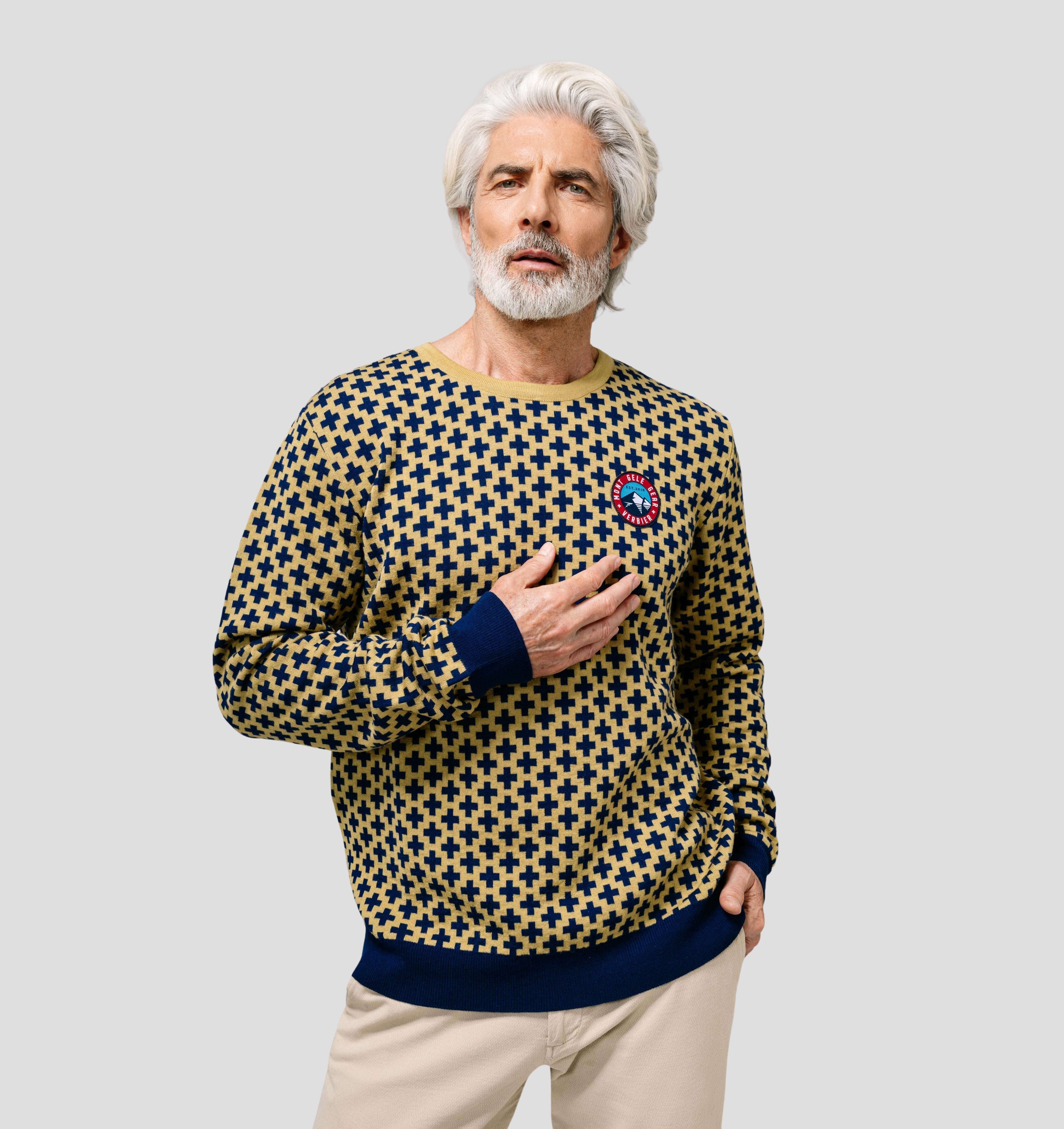 Swiss Cross Merino Sweater - Navy Blue / Mustard Yellow / S