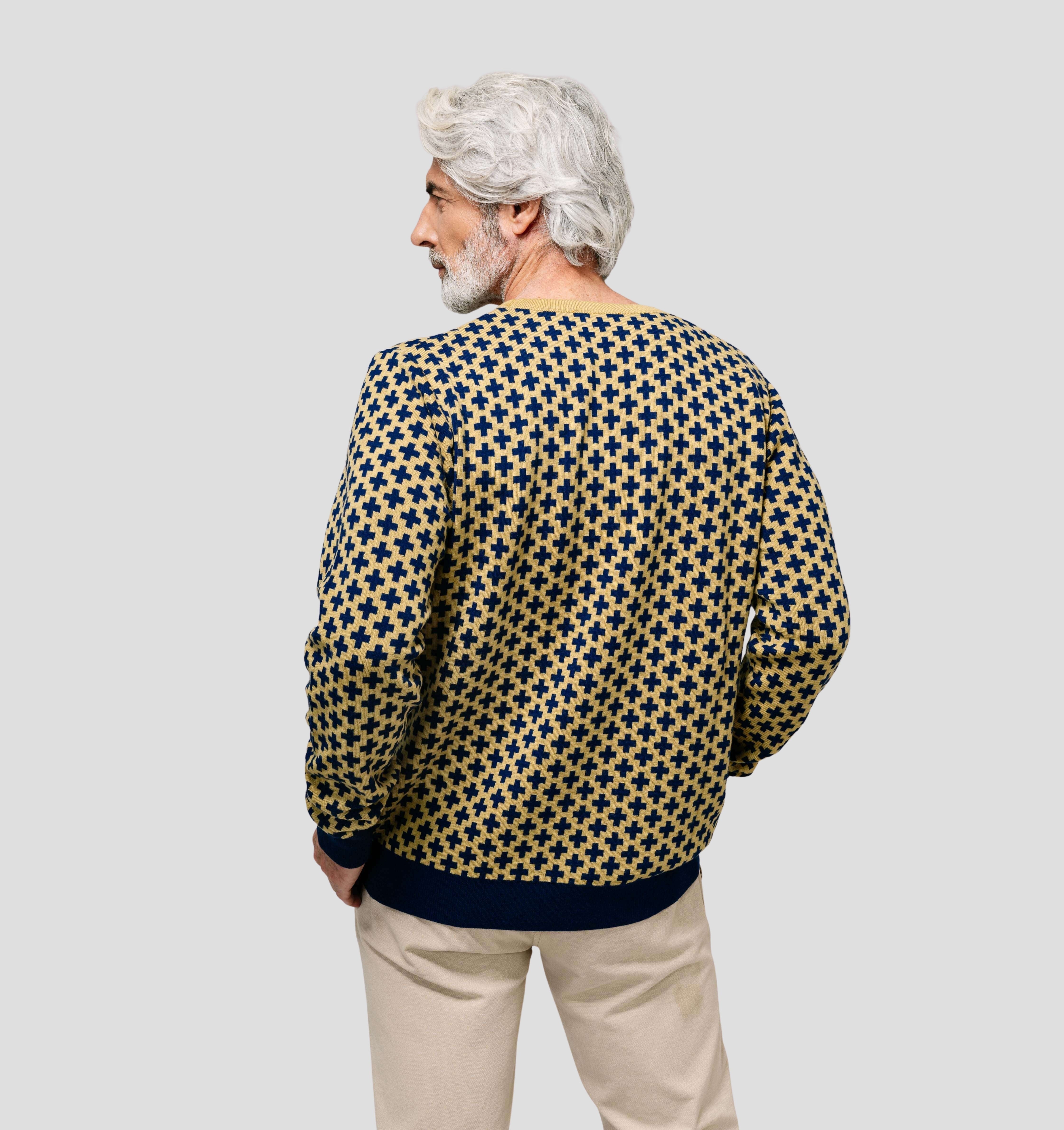 Swiss Cross Merino Sweater - Navy Blue / Mustard Yellow / S