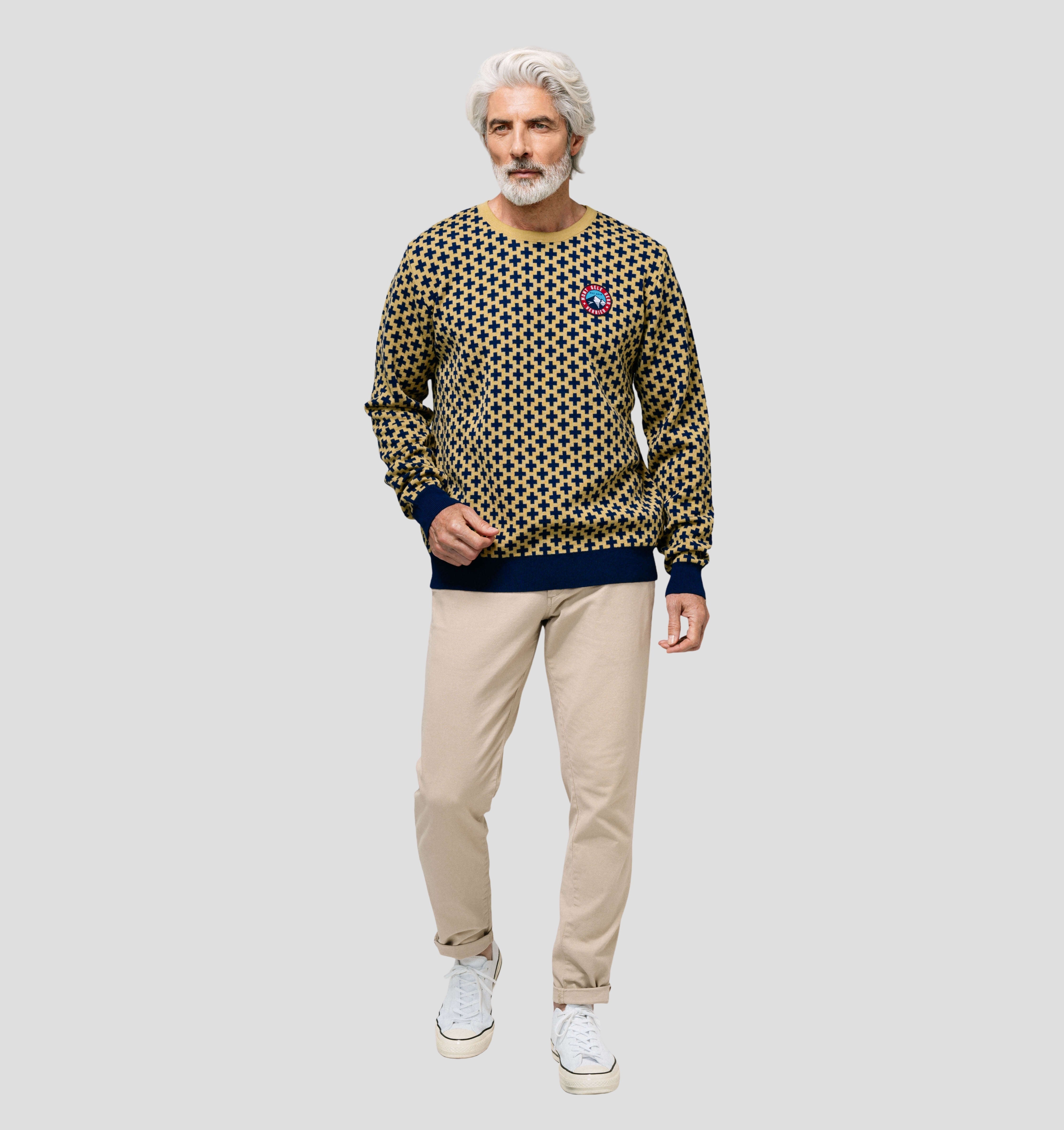 Swiss Cross Merino Sweater - Navy Blue / Mustard Yellow / S