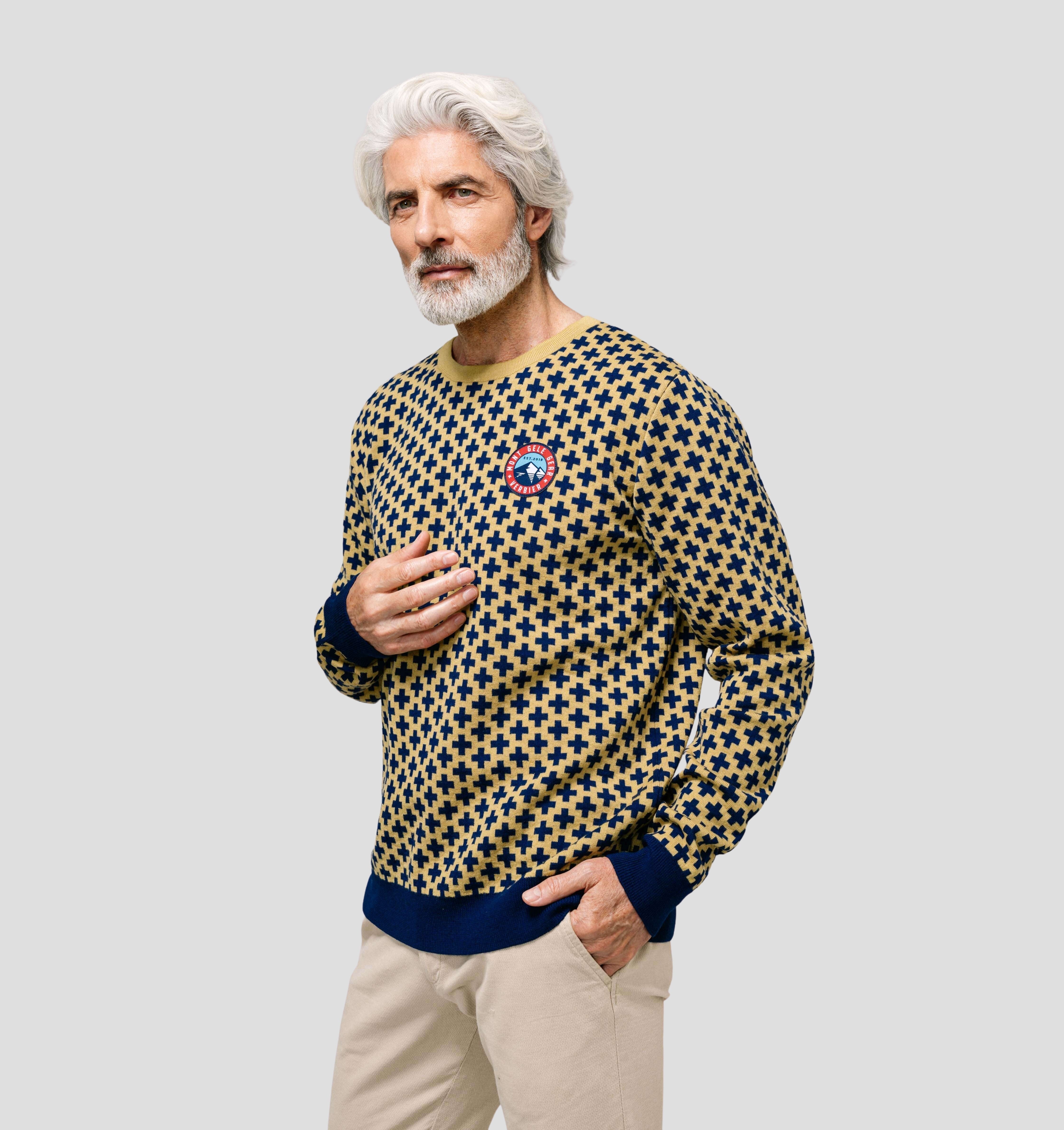 Swiss Cross Merino Sweater - Navy Blue / Mustard Yellow / S