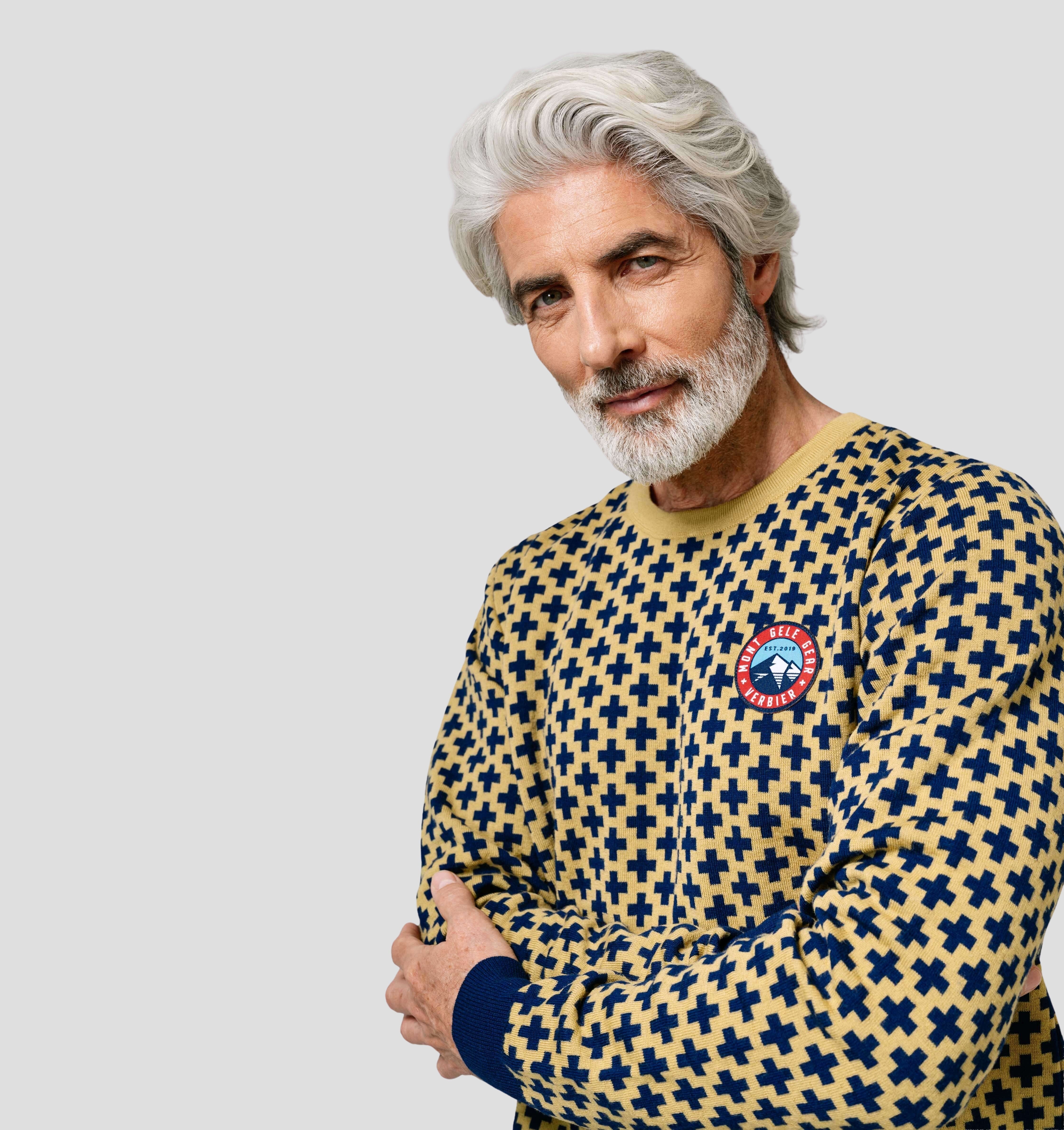 Swiss Cross Merino Sweater - Navy Blue / Mustard Yellow / S