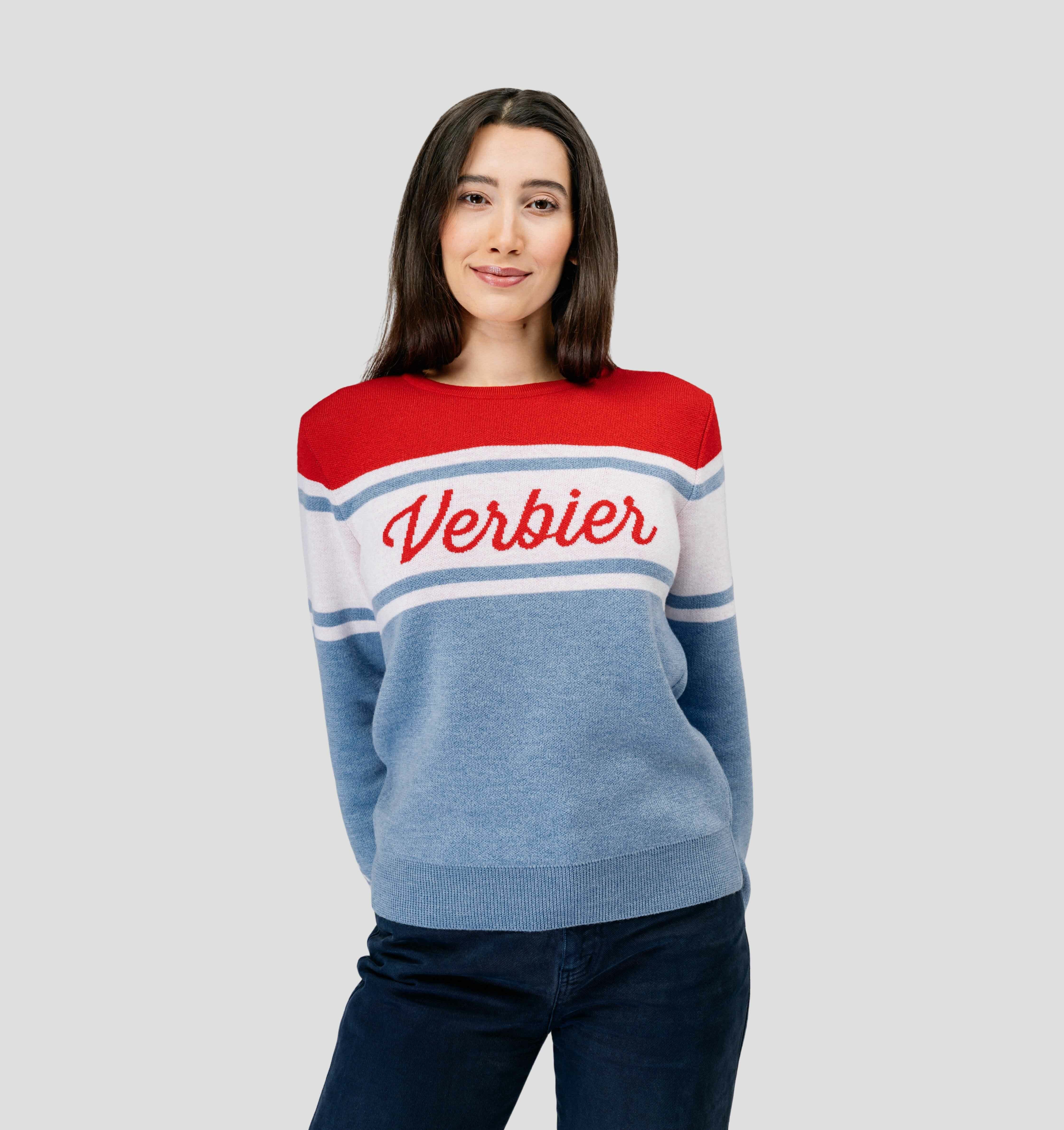 Verbier Merino Sweater - Steel Blue / Crimson Red / XS