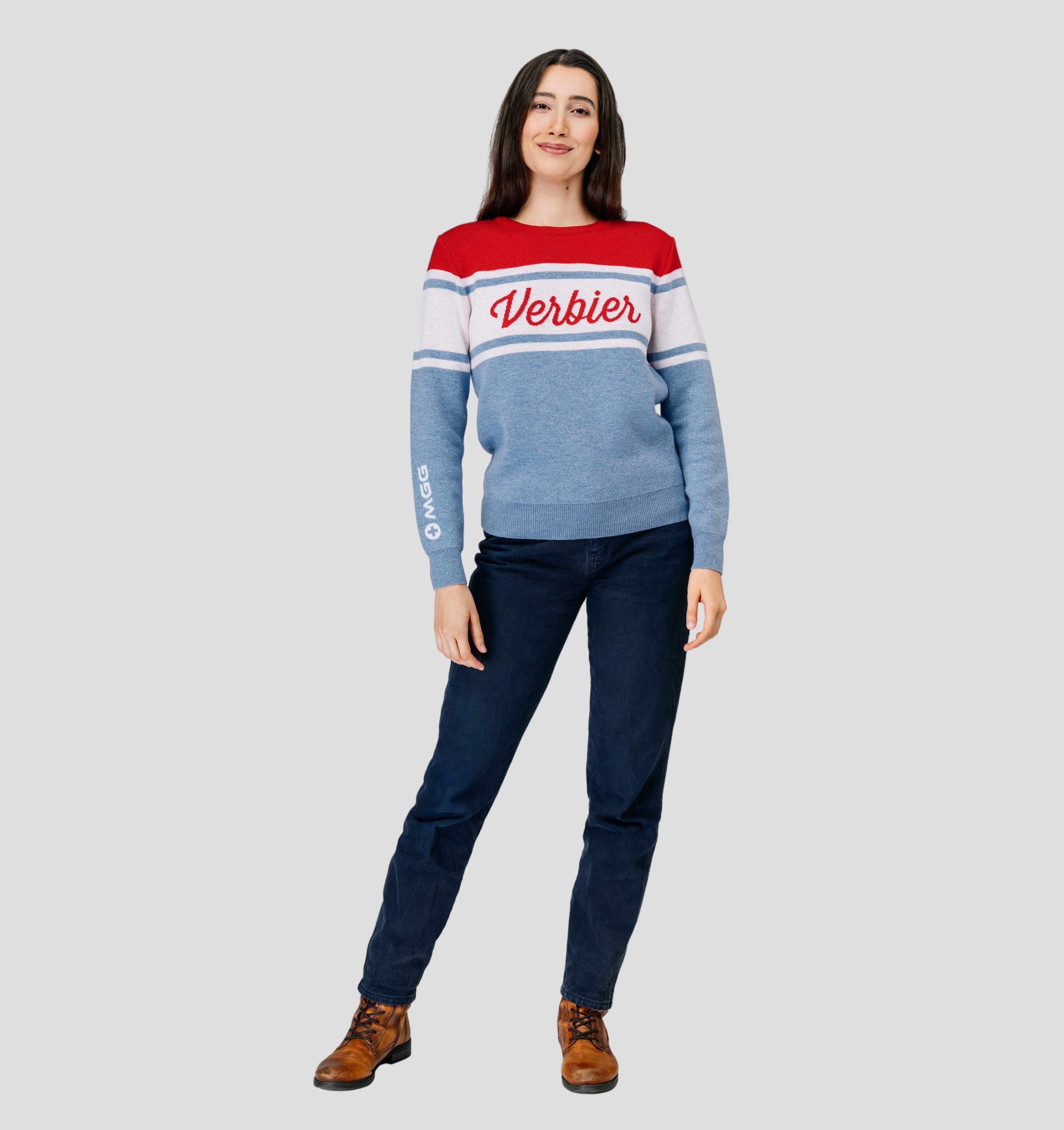 Verbier Merino Sweater - Steel Blue / Crimson Red / XS