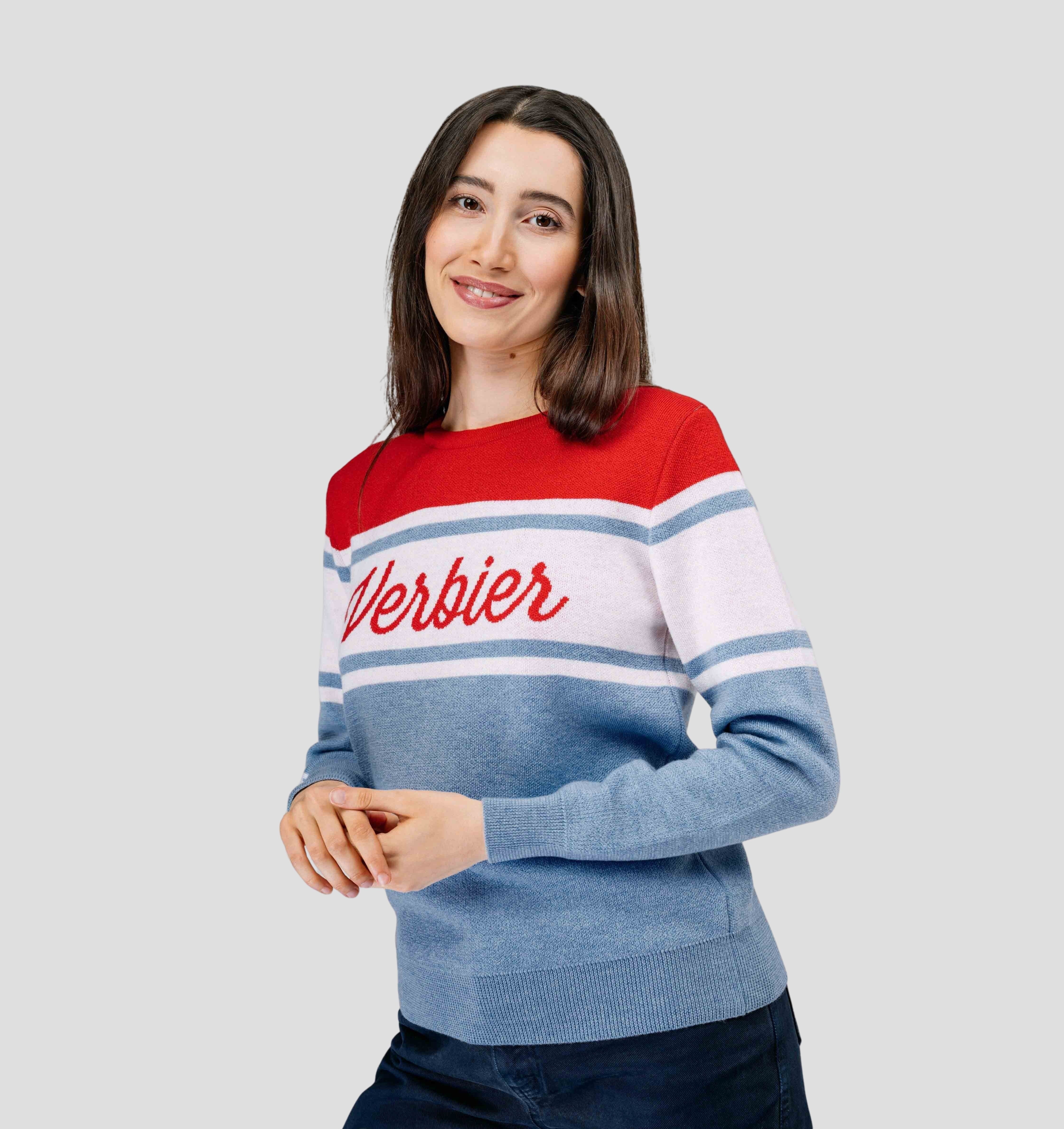 Verbier Merino Sweater - Steel Blue / Crimson Red / XS