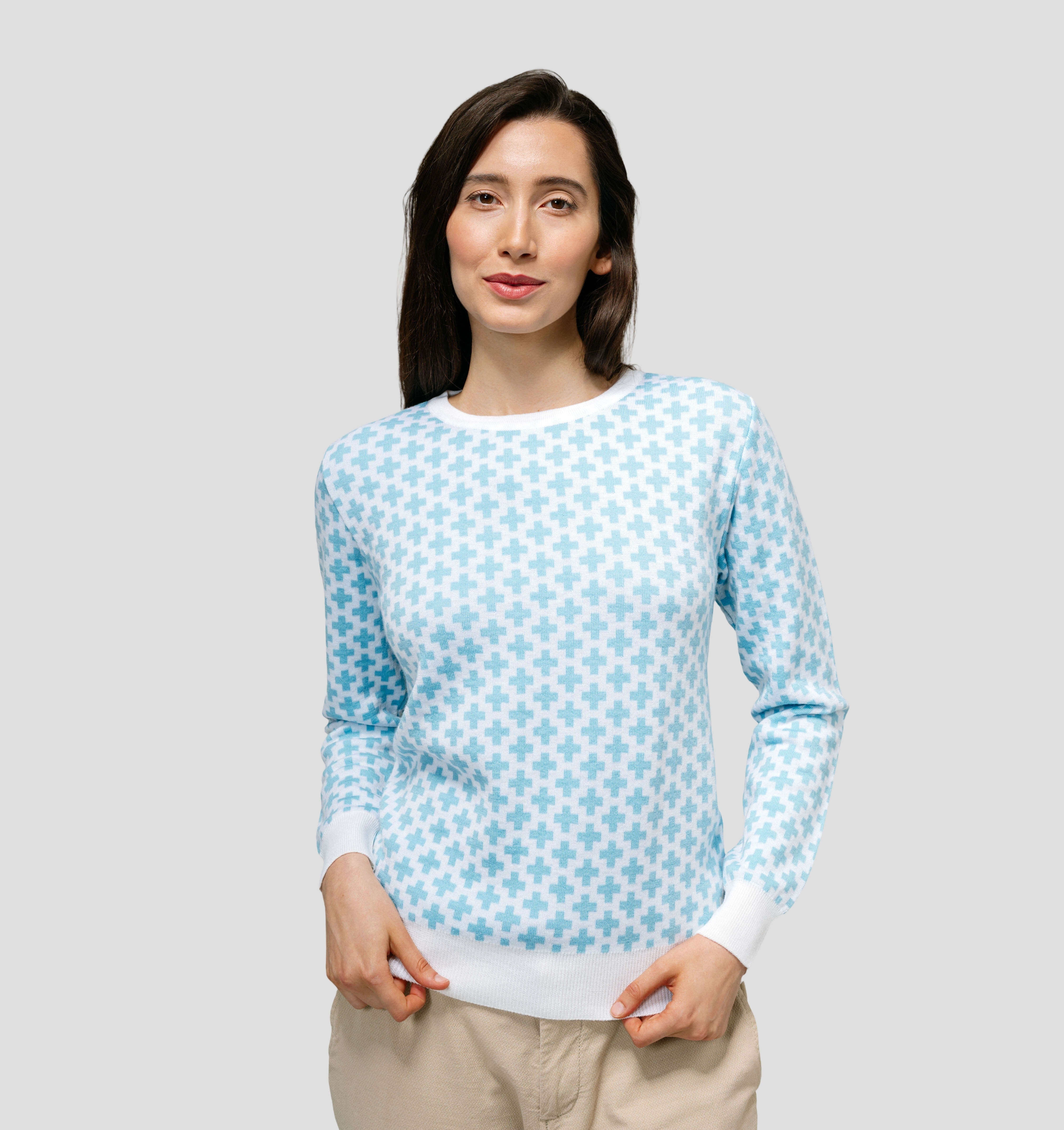 Swiss Cross Merino Sweater - Ice Blue / Cream White / XS