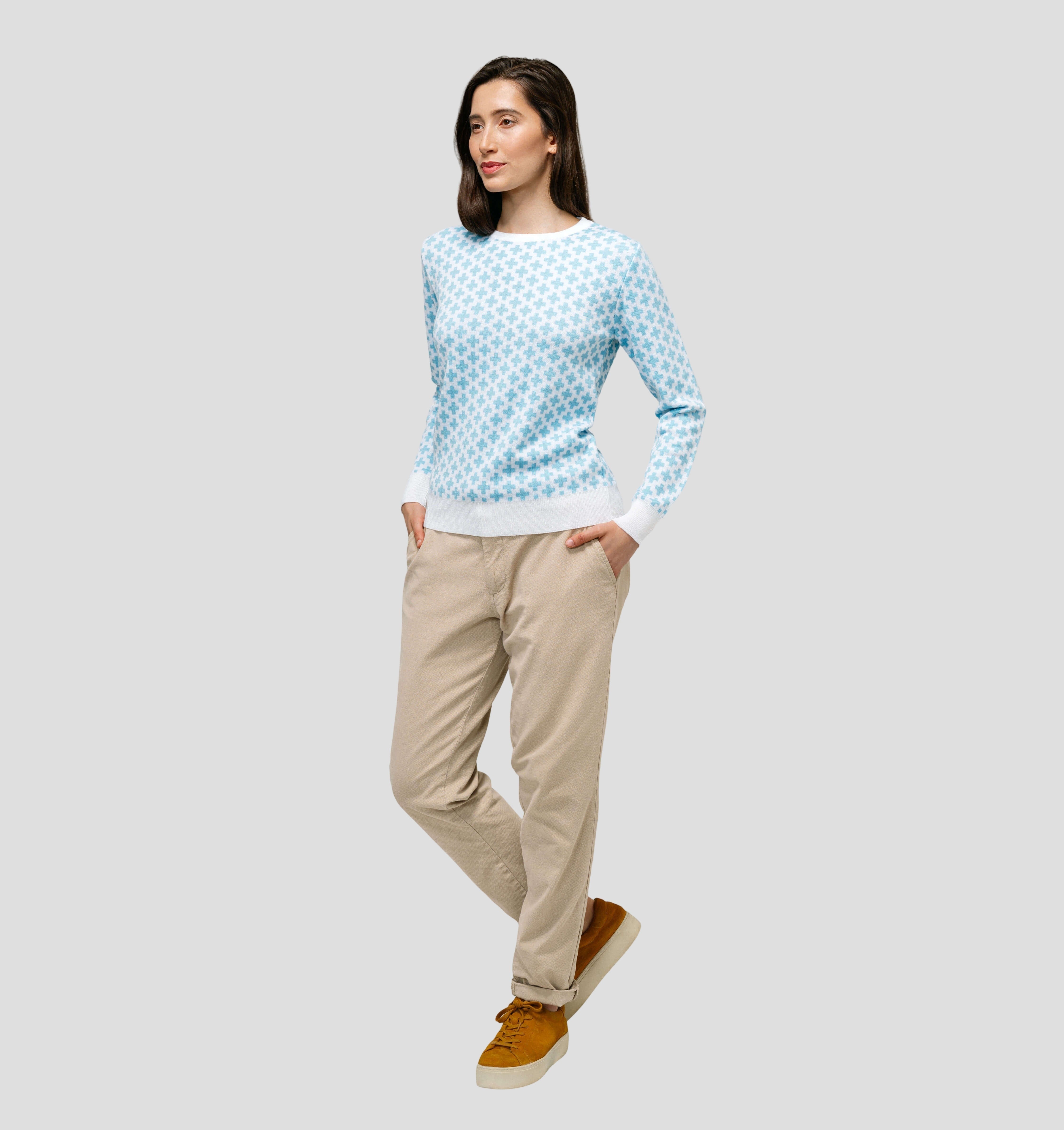 Swiss Cross Merino Sweater - Ice Blue / Cream White / XS
