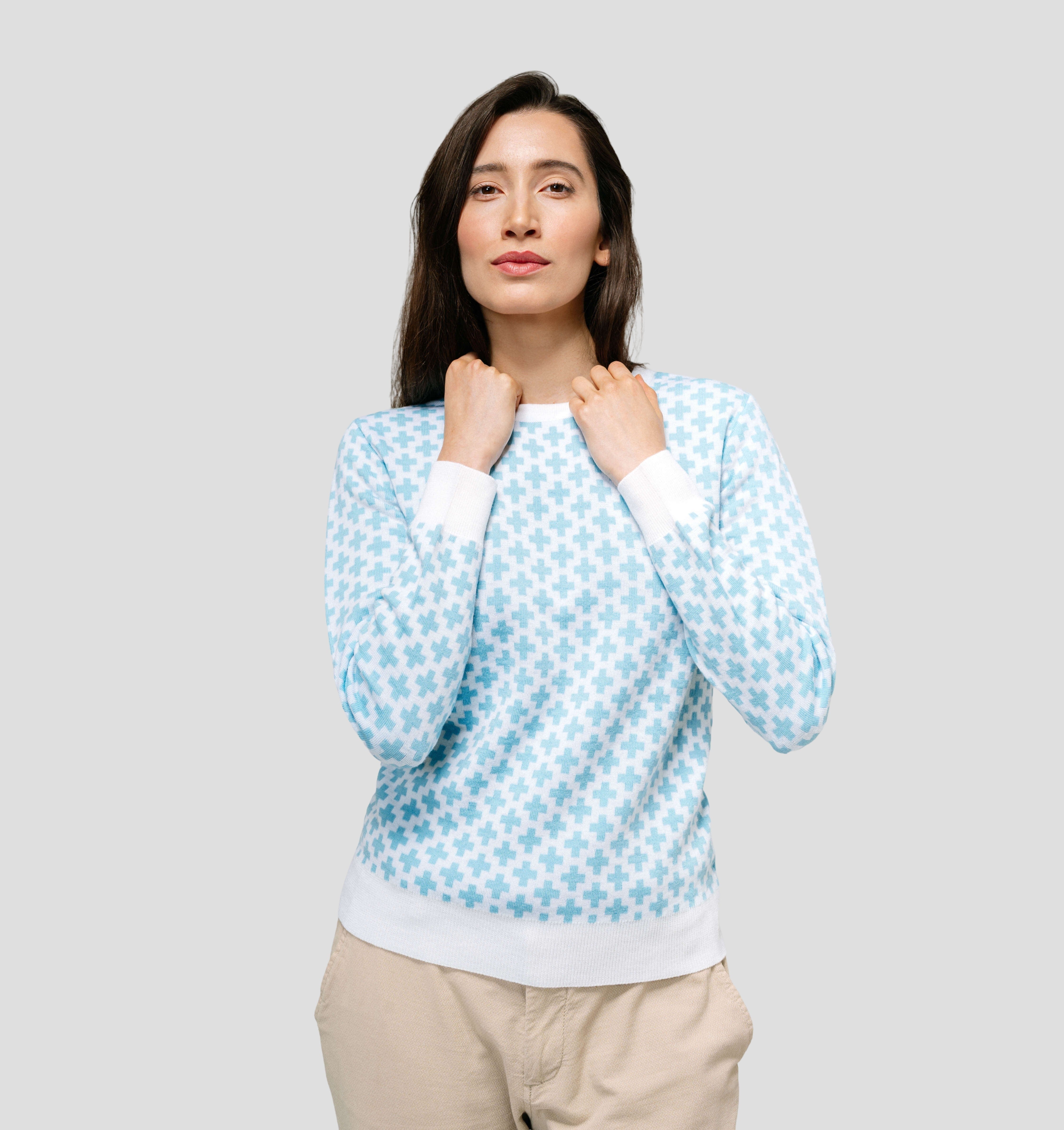 Swiss Cross Merino Sweater - Ice Blue / Cream White / XS