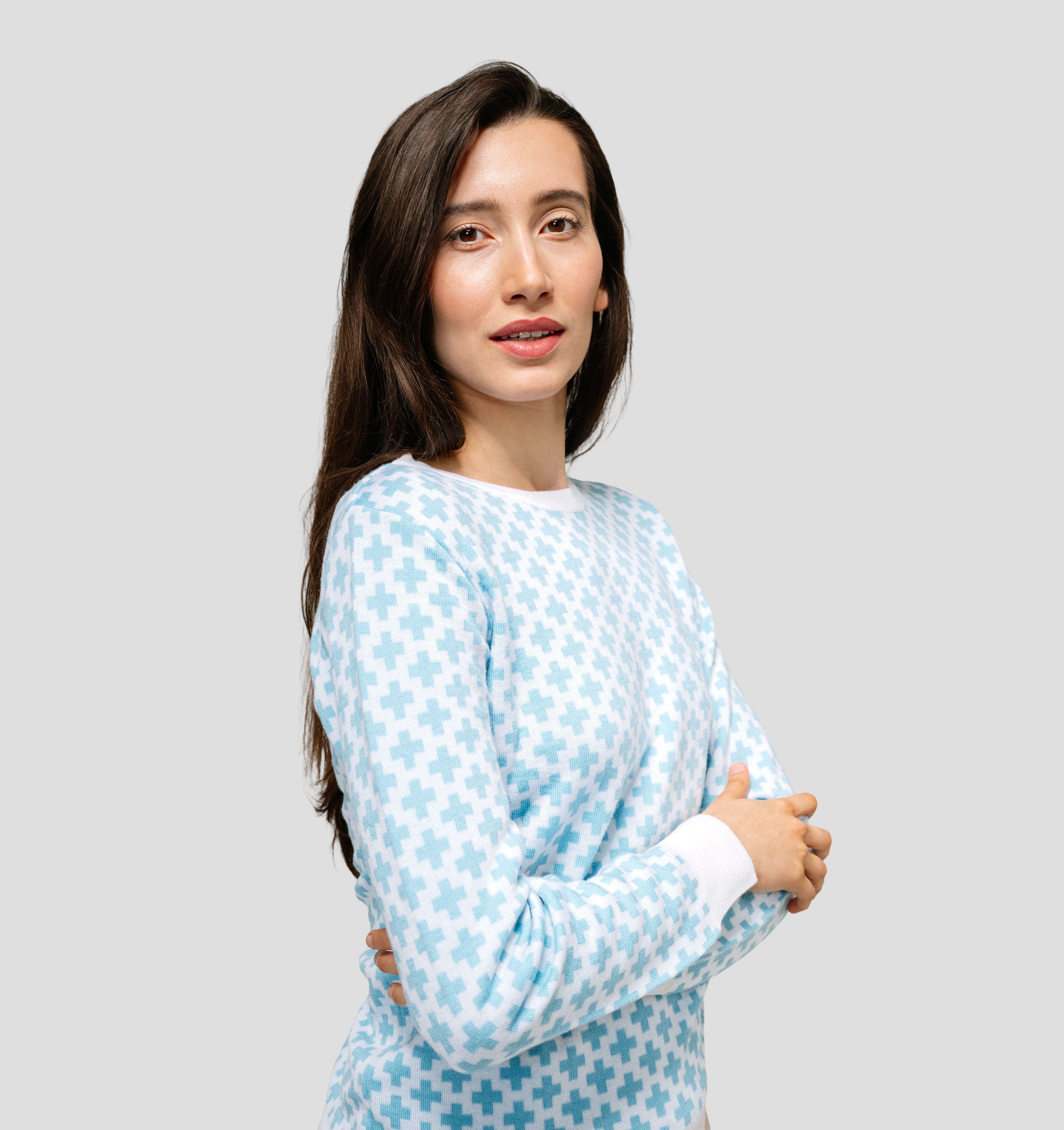 Swiss Cross Merino Sweater - Ice Blue / Cream White / XS