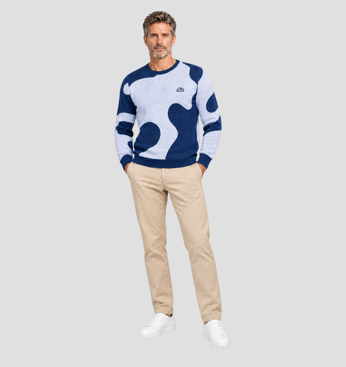 Abstract Merino Sweater - Azure Blue / Porcelain White / S