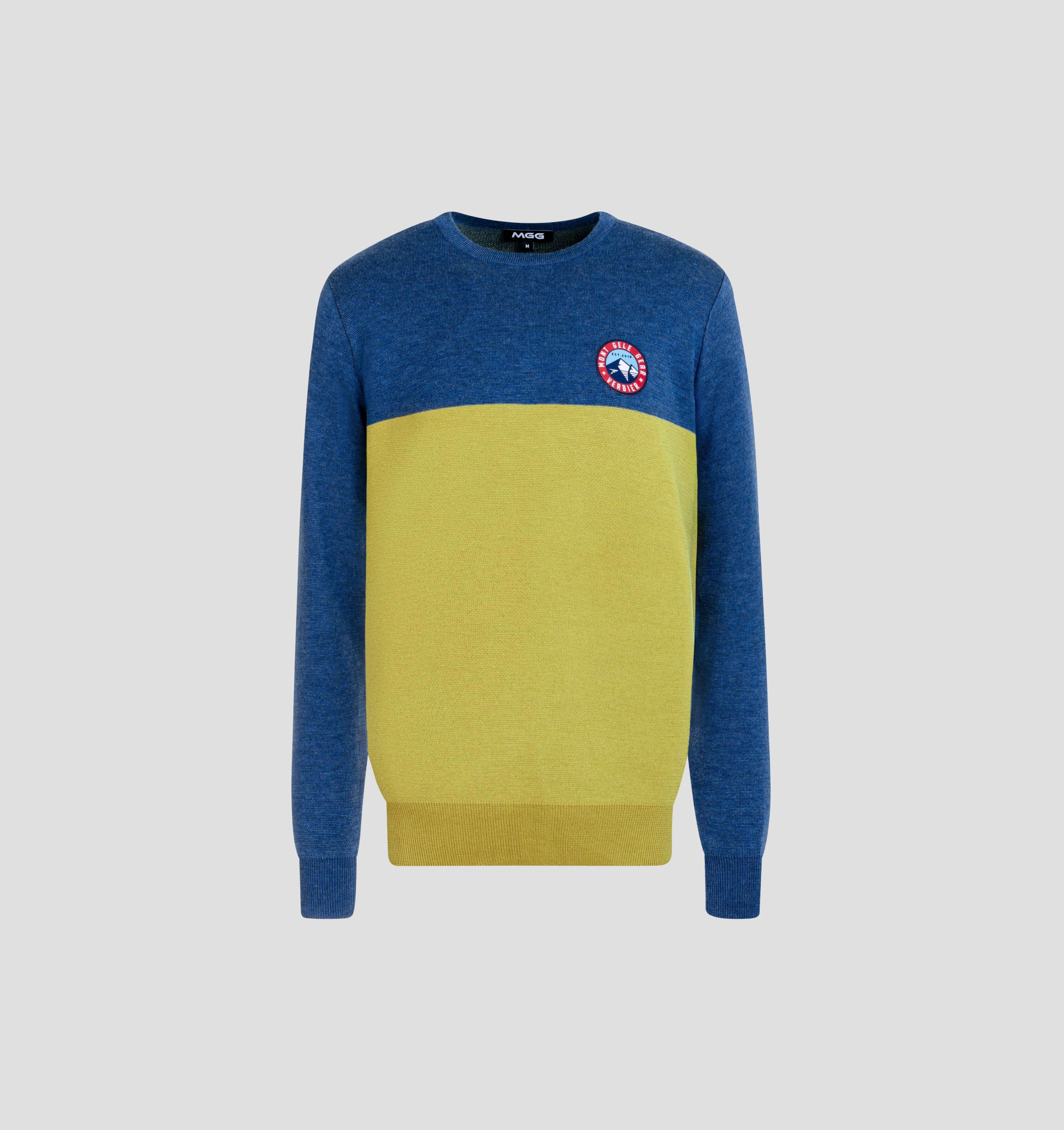 Colourblock Merino Sweater - Mustard Yellow / Denim Blue / S