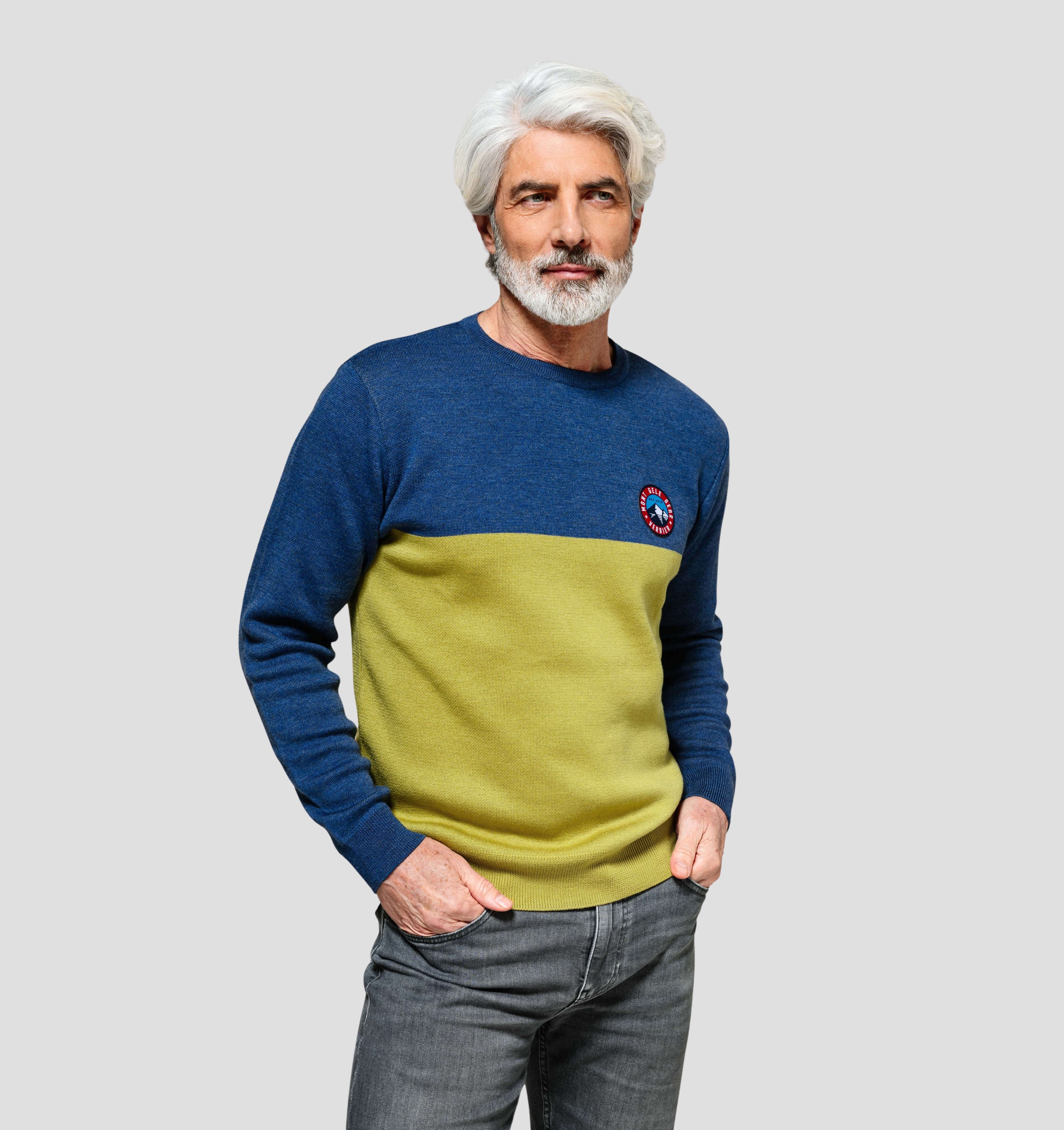 Colourblock Merino Sweater - Mustard Yellow / Denim Blue / S