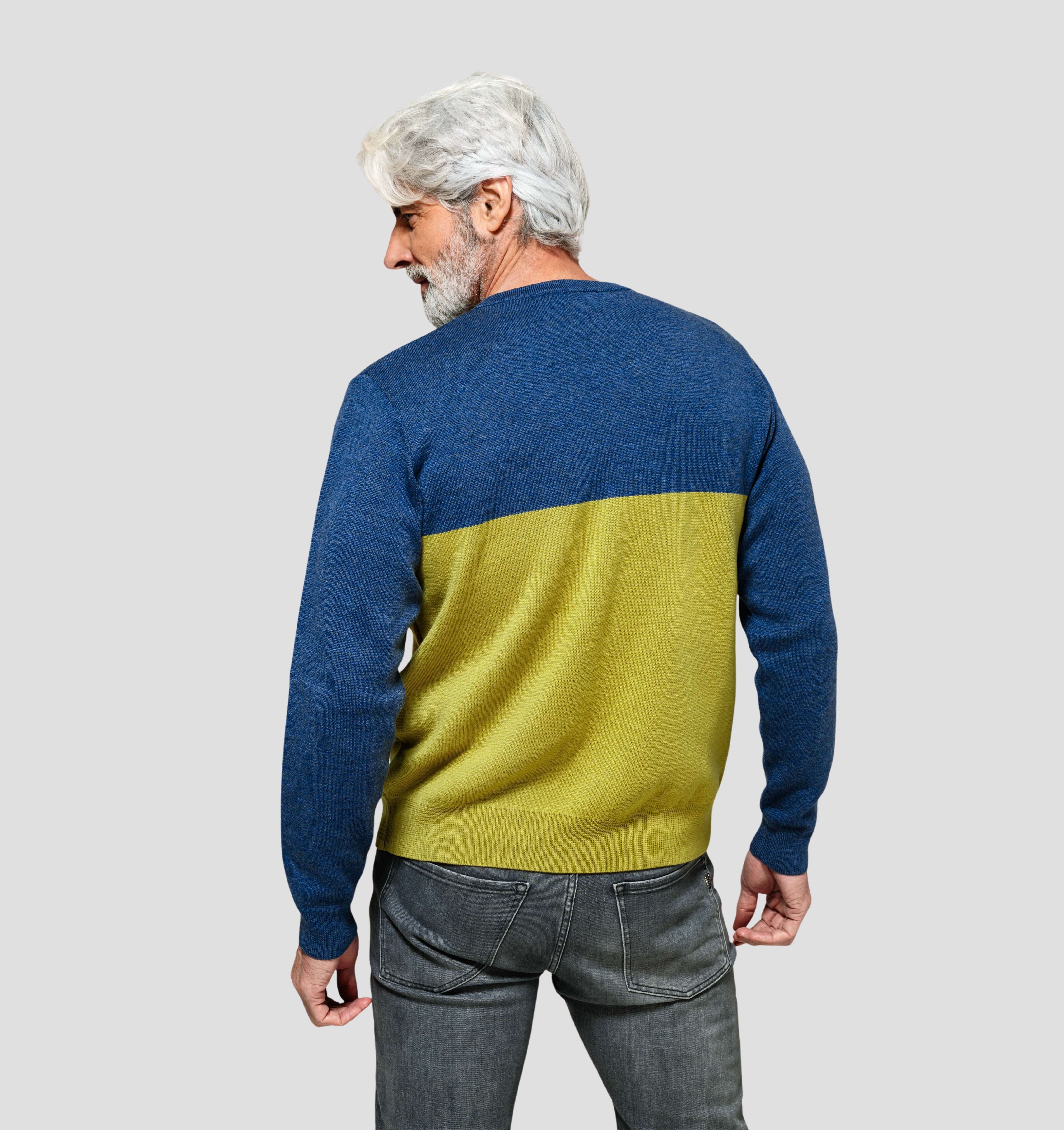 Colourblock Merino Sweater - Mustard Yellow / Denim Blue / S