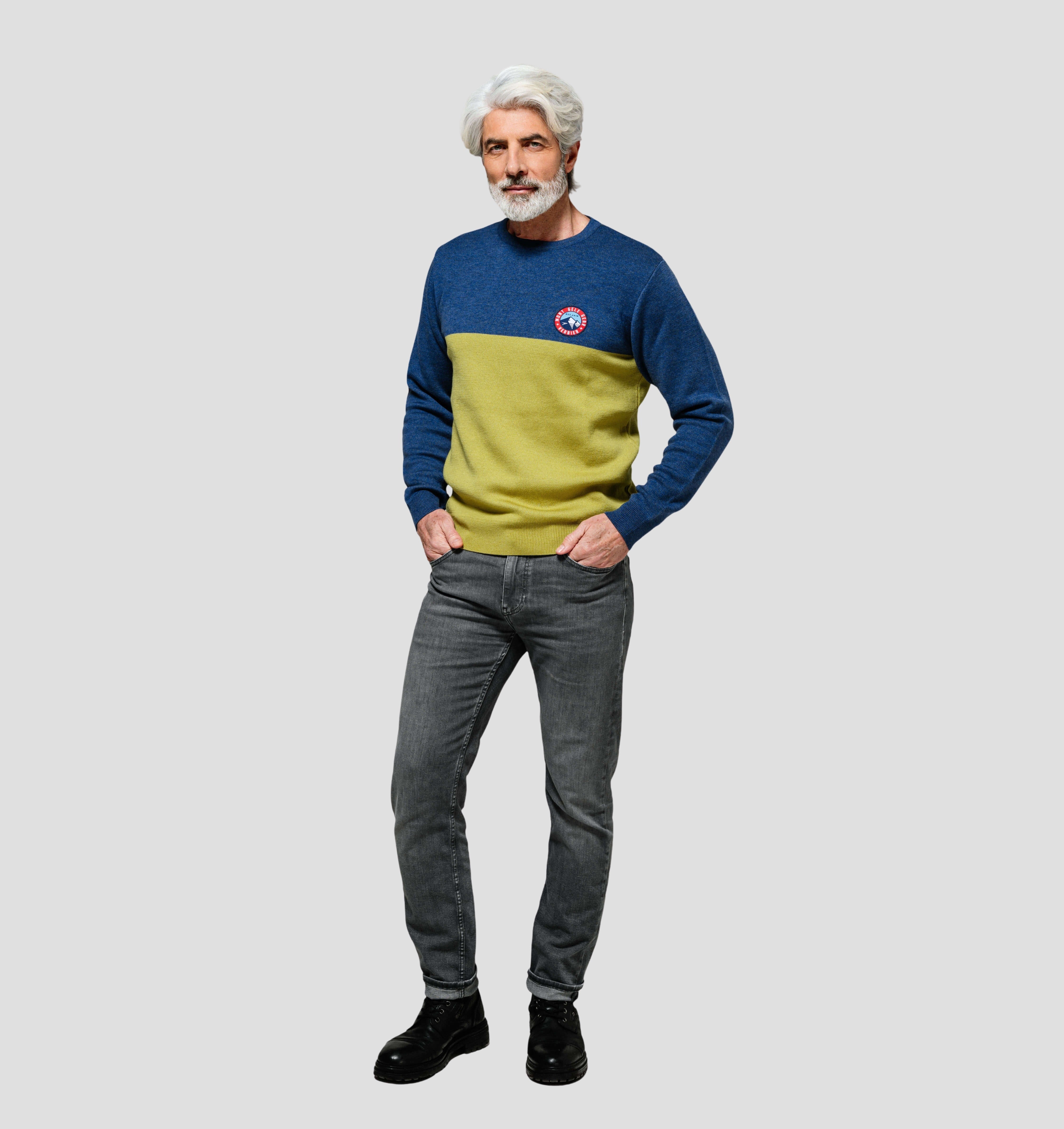 Colourblock Merino Sweater - Mustard Yellow / Denim Blue / S