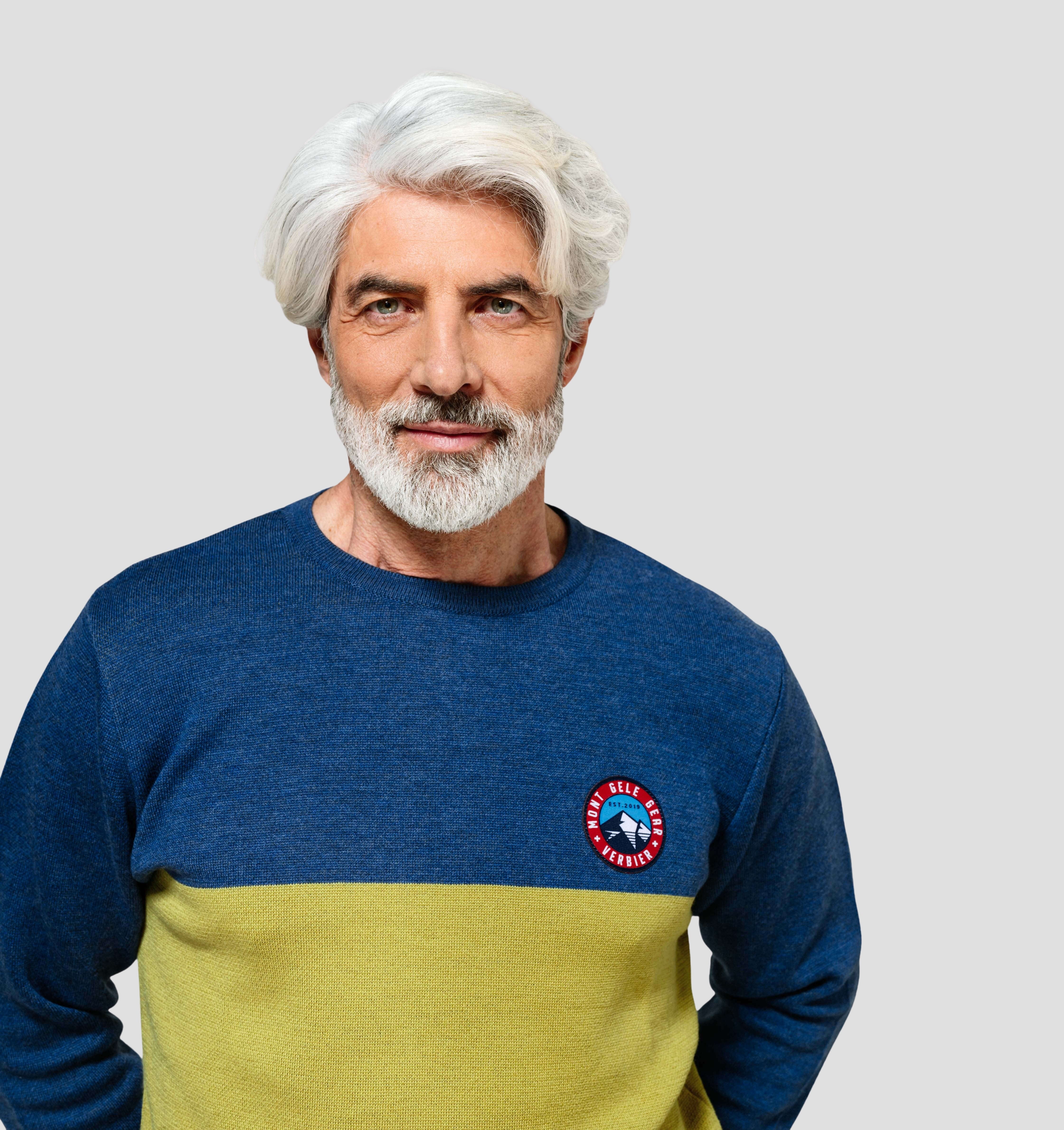 Colourblock Merino Sweater - Mustard Yellow / Denim Blue / S