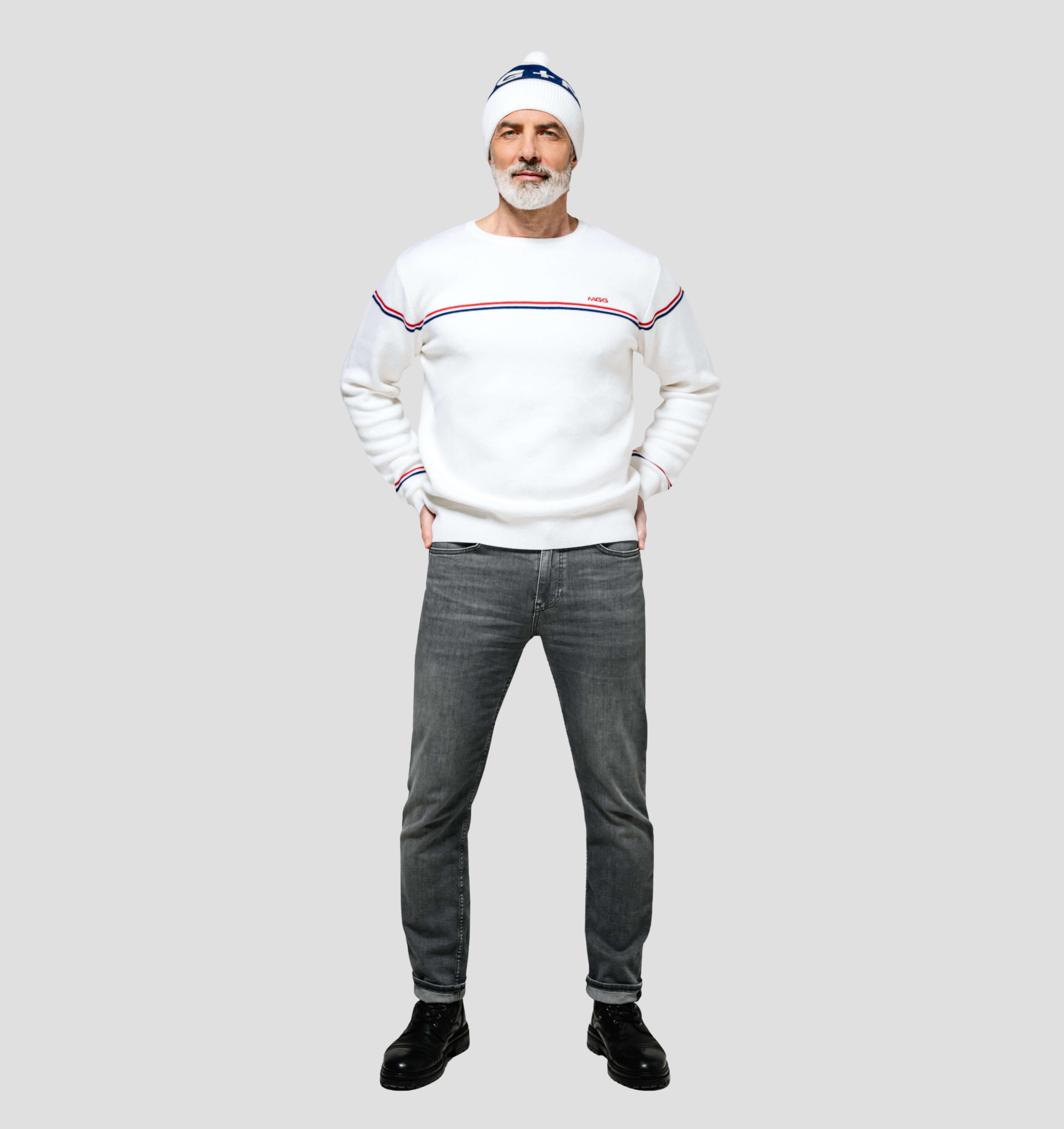 Merino Bobble Hat - Azure Blue / Crimson Red / One Size