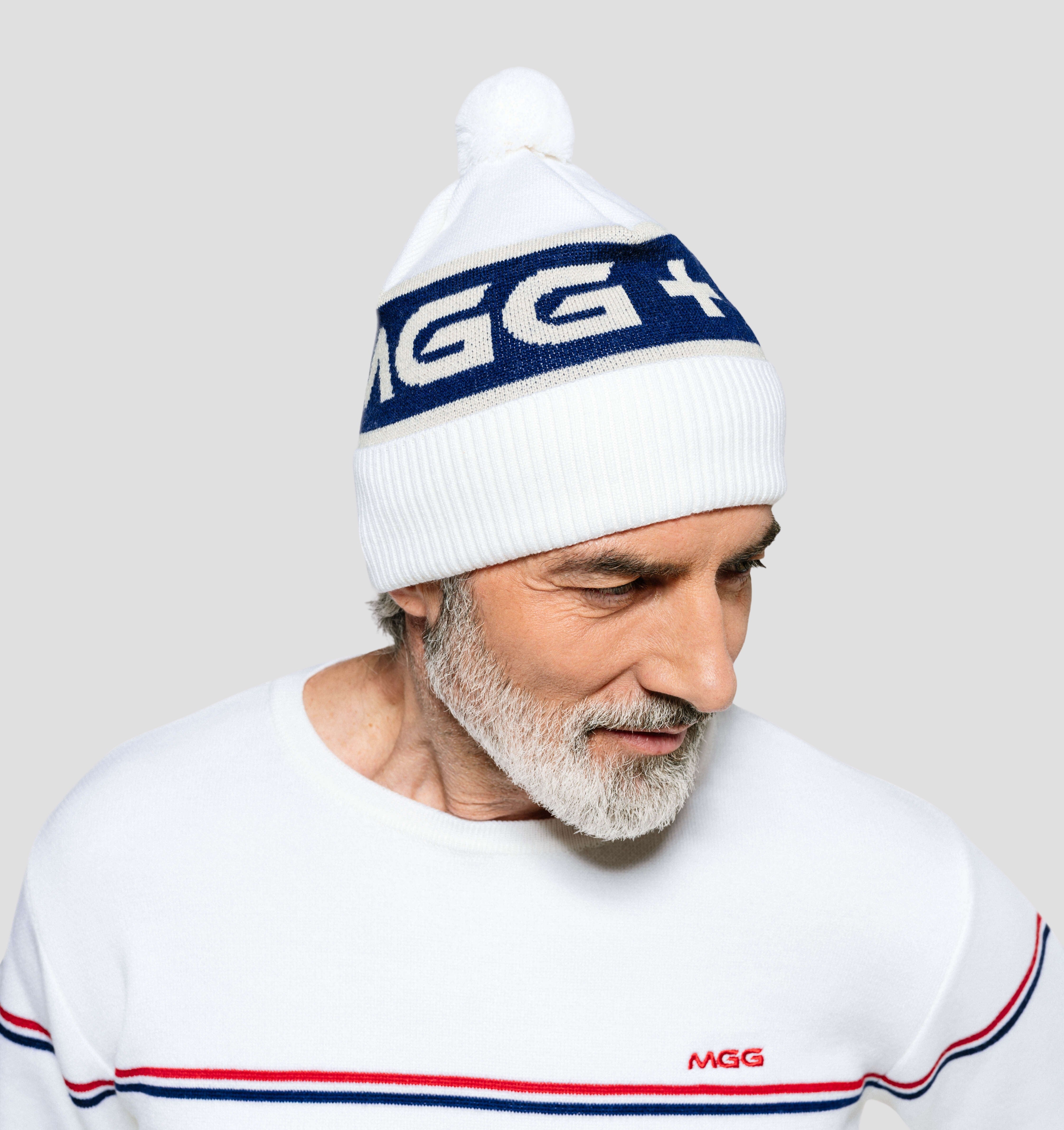 Merino Bobble Hat - Azure Blue / Crimson Red / One Size