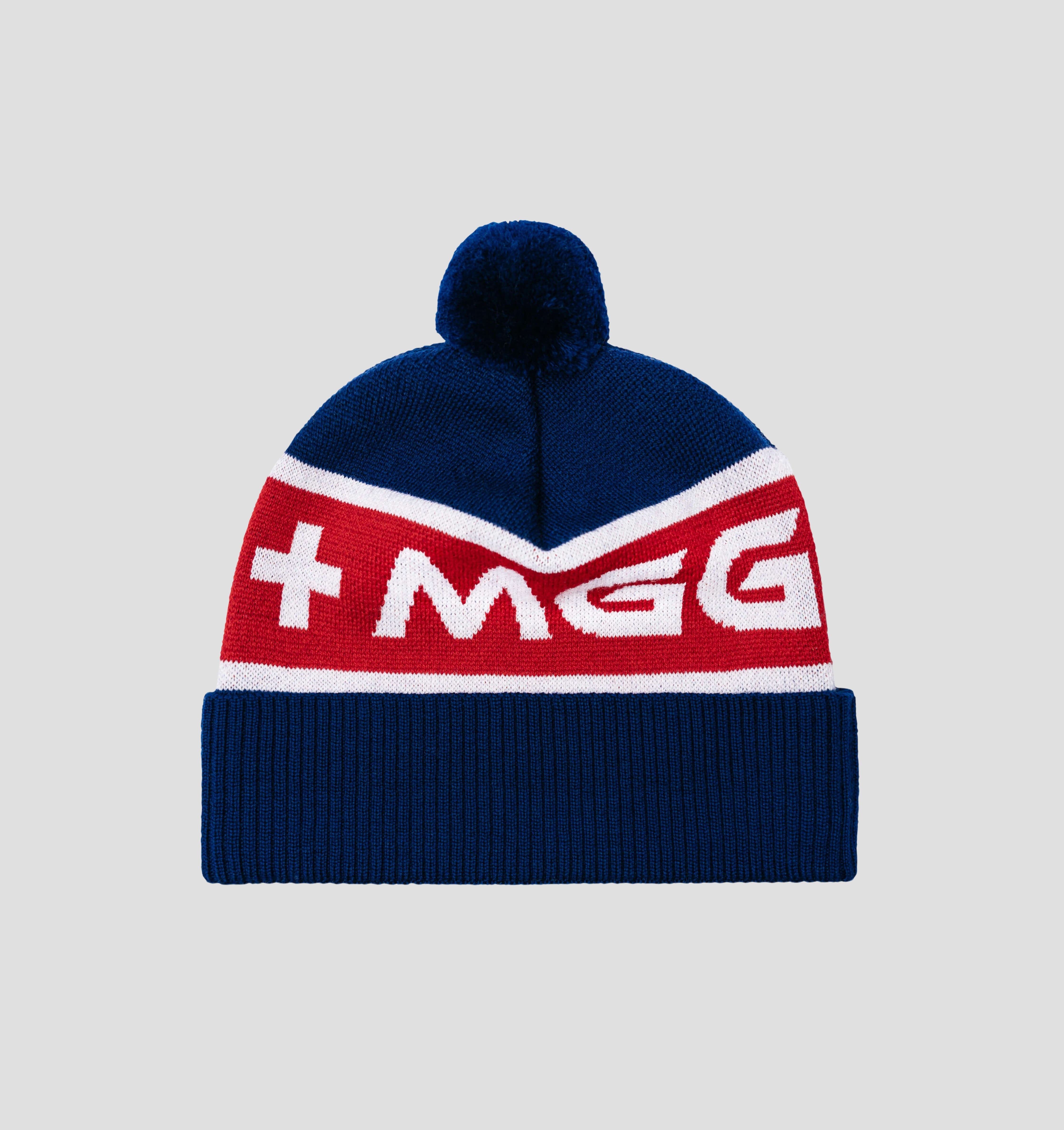 Merino Bobble Hat - Azure Blue / Crimson Red / One Size