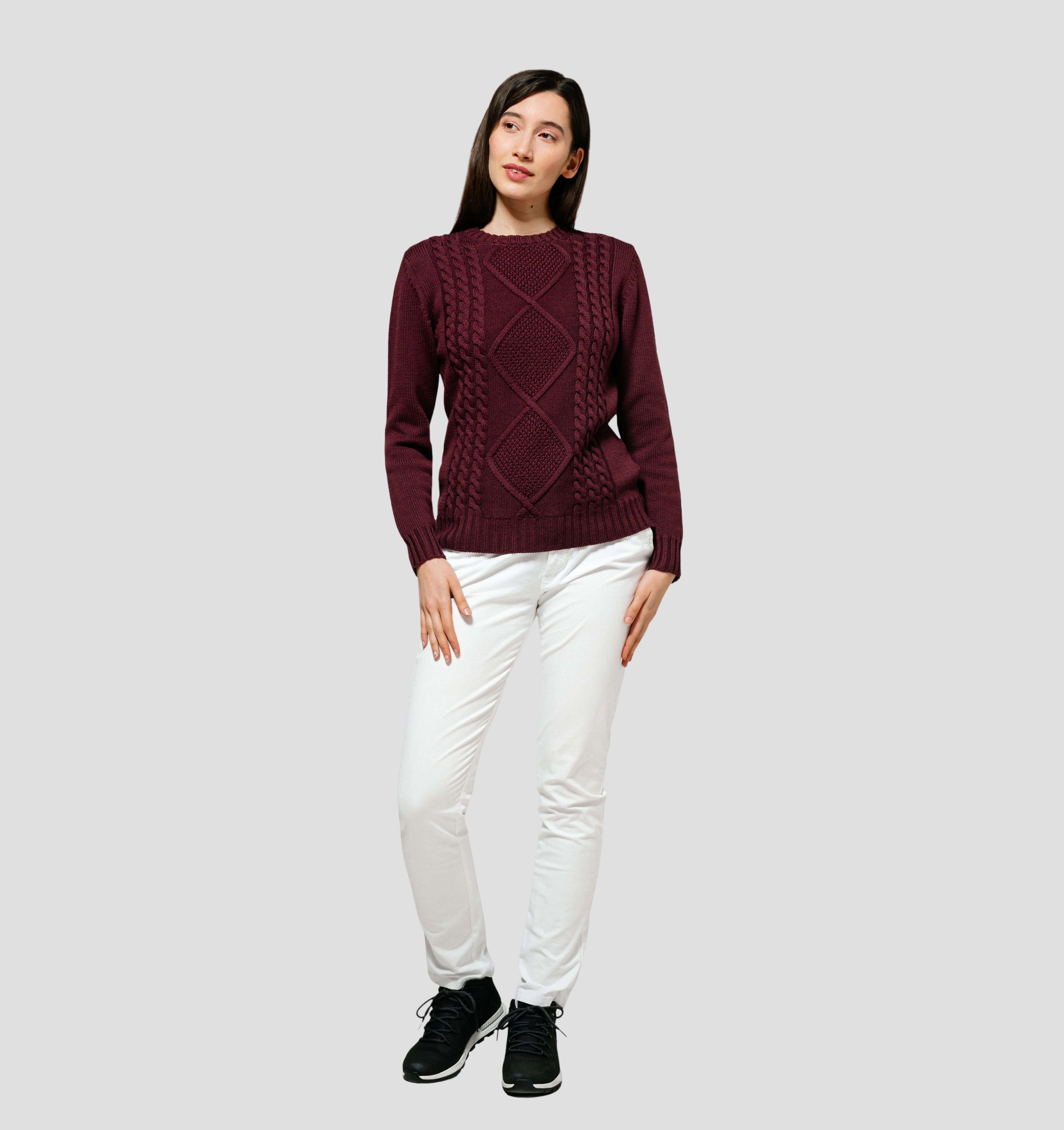 Cable Knit Merino Sweater - Burgundy Red / XS